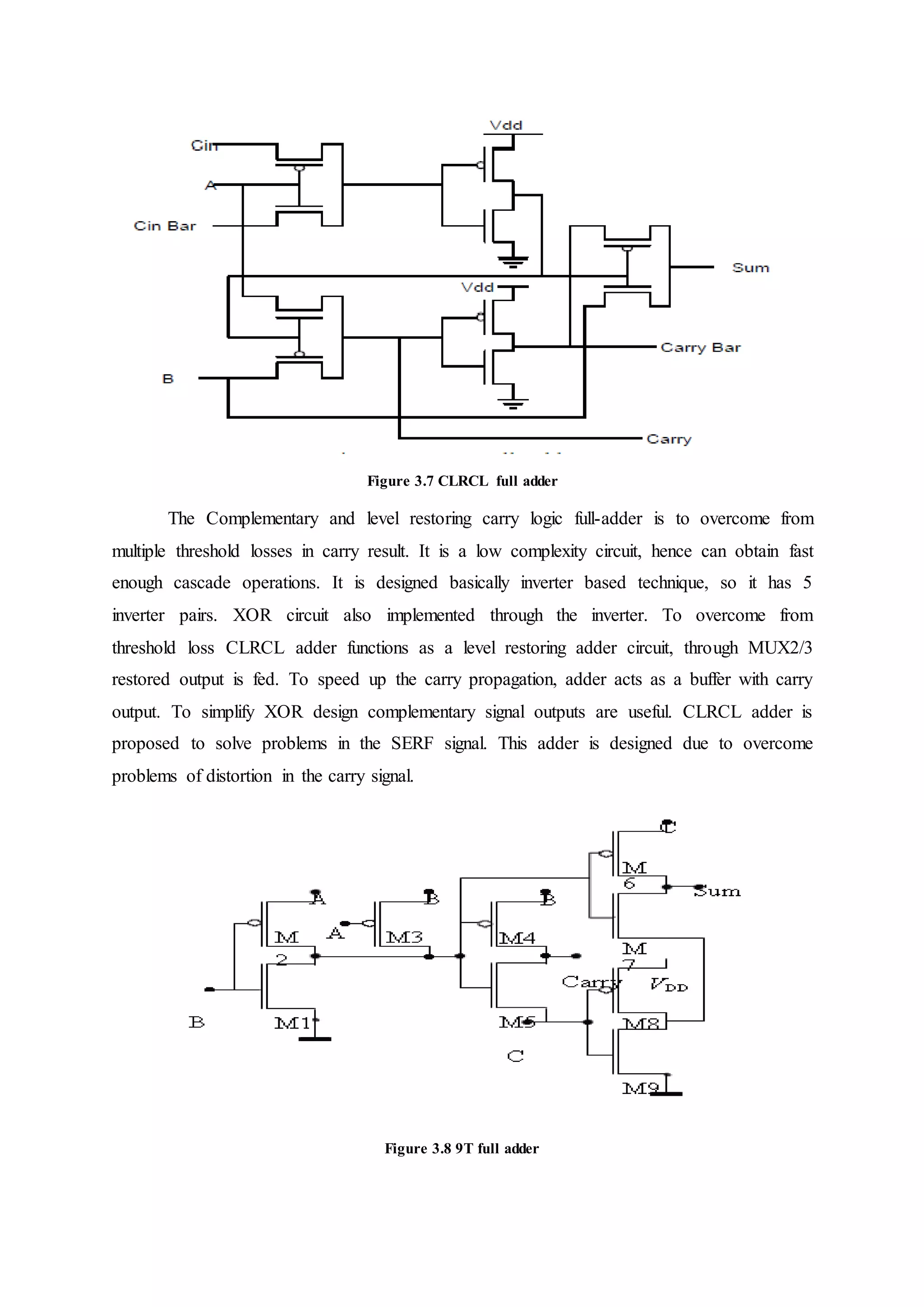 Figure 3.7 CLRCL full adder
The Complementary and level restoring carry logic full-adder is to overcome from
multiple threshold losses in carry result. It is a low complexity circuit, hence can obtain fast
enough cascade operations. It is designed basically inverter based technique, so it has 5
inverter pairs. XOR circuit also implemented through the inverter. To overcome from
threshold loss CLRCL adder functions as a level restoring adder circuit, through MUX2/3
restored output is fed. To speed up the carry propagation, adder acts as a buffer with carry
output. To simplify XOR design complementary signal outputs are useful. CLRCL adder is
proposed to solve problems in the SERF signal. This adder is designed due to overcome
problems of distortion in the carry signal.
Figure 3.8 9T full adder
 
