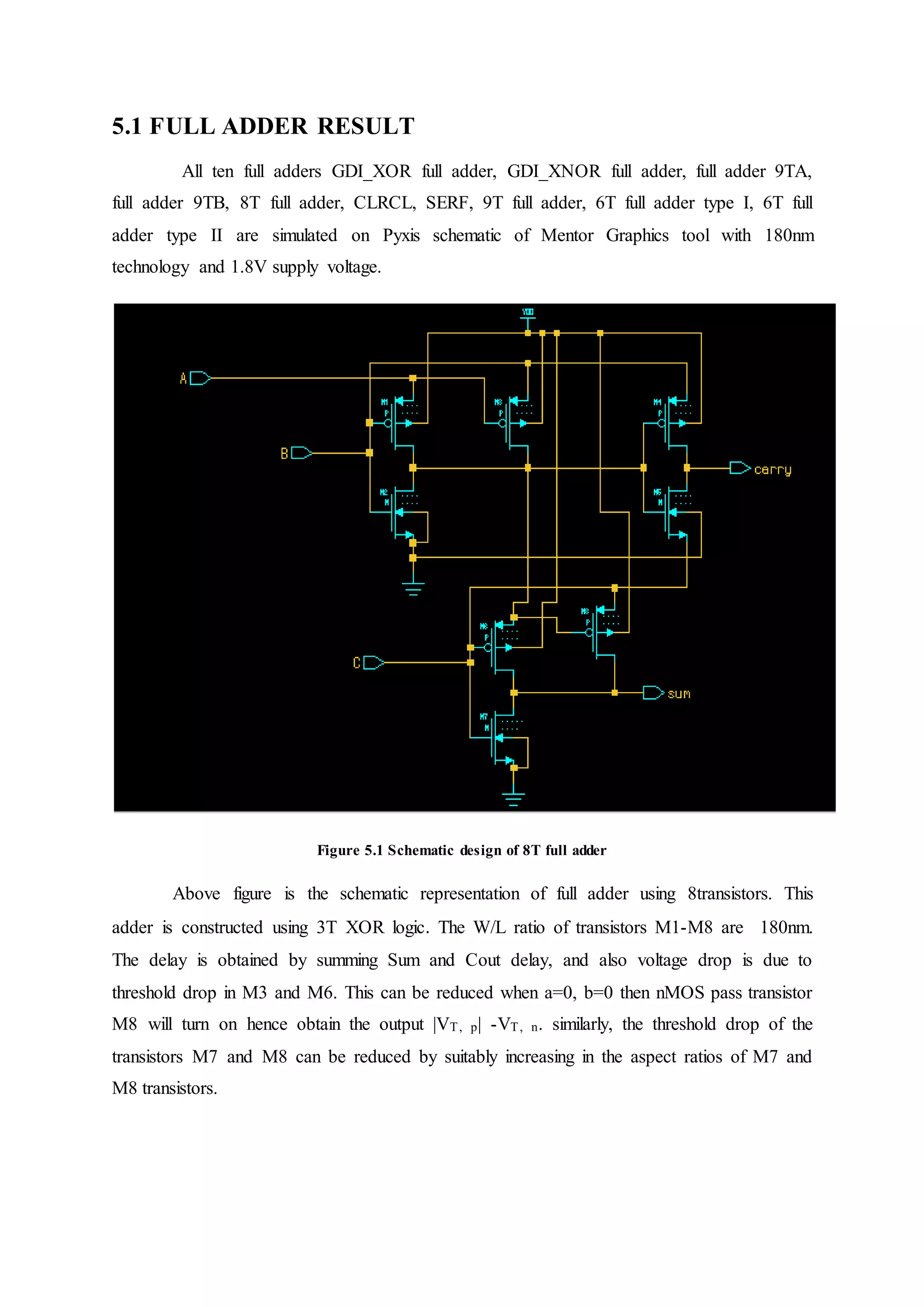 5.1 FULL ADDER RESULT
All ten full adders GDI_XOR full adder, GDI_XNOR full adder, full adder 9TA,
full adder 9TB, 8T full adder, CLRCL, SERF, 9T full adder, 6T full adder type I, 6T full
adder type II are simulated on Pyxis schematic of Mentor Graphics tool with 180nm
technology and 1.8V supply voltage.
Figure 5.1 Schematic design of 8T full adder
Above figure is the schematic representation of full adder using 8transistors. This
adder is constructed using 3T XOR logic. The W/L ratio of transistors M1-M8 are 180nm.
The delay is obtained by summing Sum and Cout delay, and also voltage drop is due to
threshold drop in M3 and M6. This can be reduced when a=0, b=0 then nMOS pass transistor
M8 will turn on hence obtain the output |VT, p| -VT, n. similarly, the threshold drop of the
transistors M7 and M8 can be reduced by suitably increasing in the aspect ratios of M7 and
M8 transistors.
 