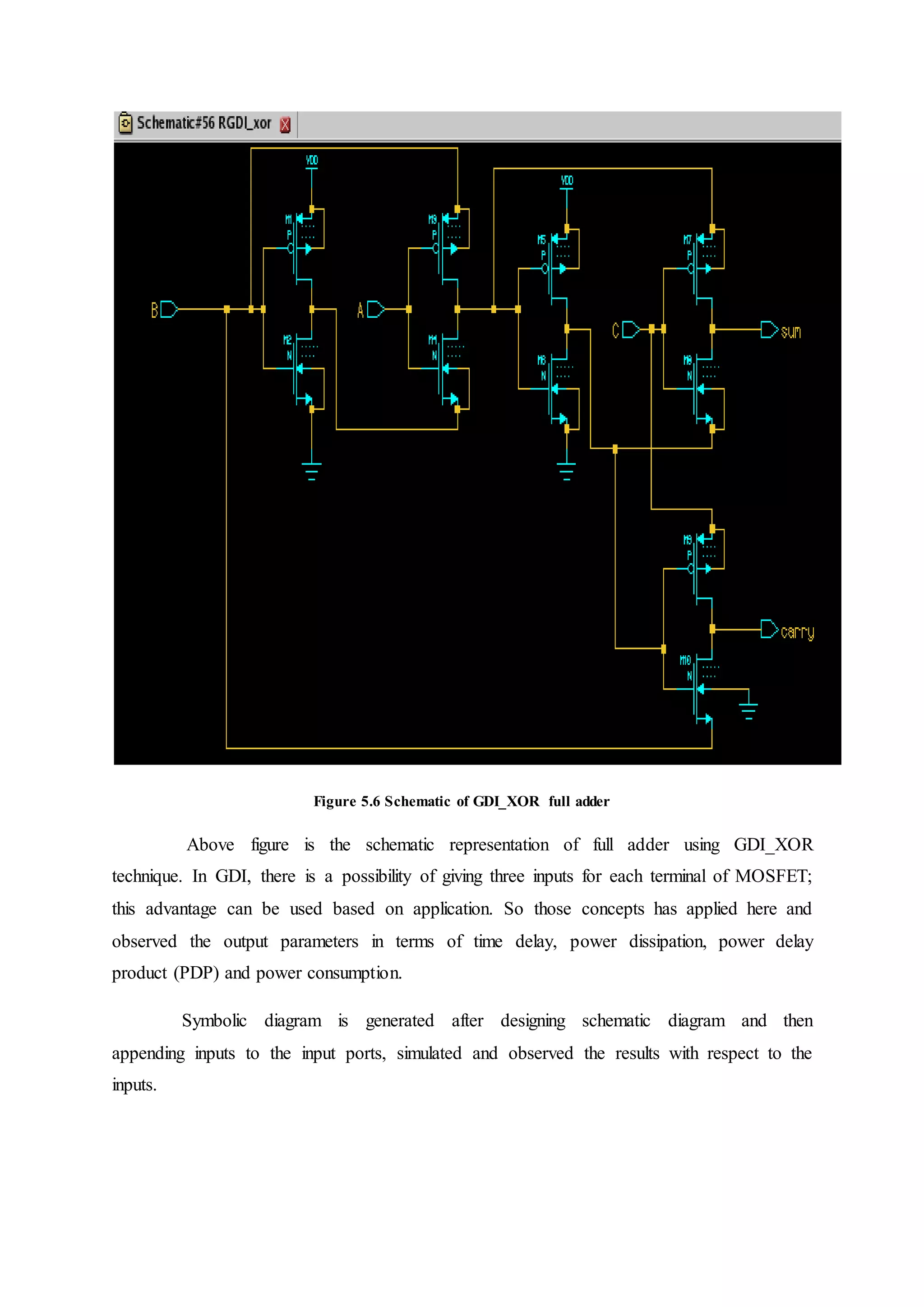 Figure 5.6 Schematic of GDI_XOR full adder
Above figure is the schematic representation of full adder using GDI_XOR
technique. In GDI, there is a possibility of giving three inputs for each terminal of MOSFET;
this advantage can be used based on application. So those concepts has applied here and
observed the output parameters in terms of time delay, power dissipation, power delay
product (PDP) and power consumption.
Symbolic diagram is generated after designing schematic diagram and then
appending inputs to the input ports, simulated and observed the results with respect to the
inputs.
 