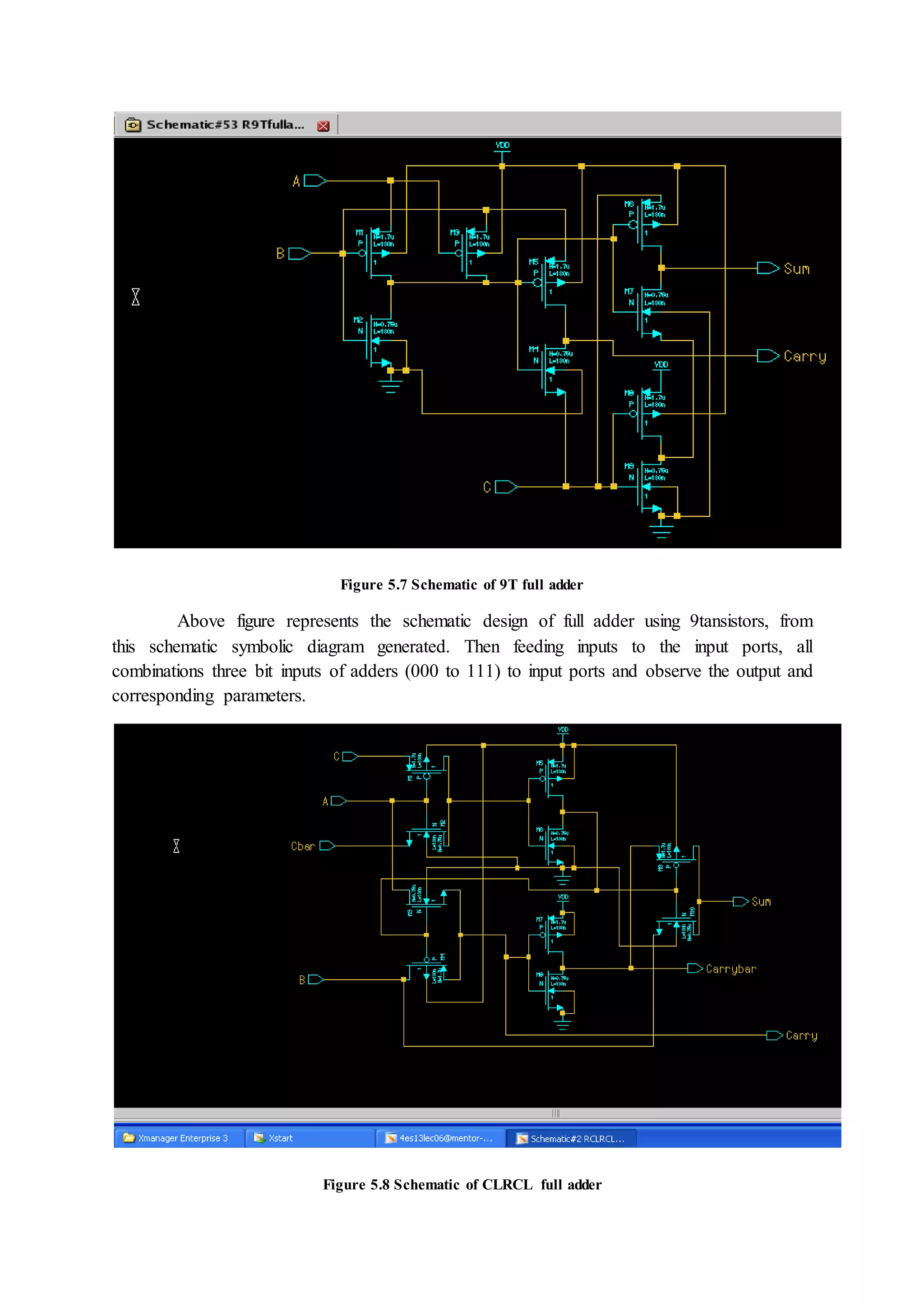 Figure 5.7 Schematic of 9T full adder
Above figure represents the schematic design of full adder using 9tansistors, from
this schematic symbolic diagram generated. Then feeding inputs to the input ports, all
combinations three bit inputs of adders (000 to 111) to input ports and observe the output and
corresponding parameters.
Figure 5.8 Schematic of CLRCL full adder
 