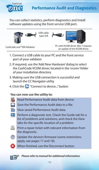 You can now use the utility to:
Read Performance Audit data from device.
Save the Performance Audit data to a file.
View saved Performance Audit data.
Perform a diagnostic test. Check the Guide tab for a
list of problems and solutions, and check the View
tabs for the specific location of a problem.
Print a repair ticket with relevant information from
the diagnostic.
Update the device’s firmware (some restrictions
apply, see pages 17 and 18).
When finished, use the Disconnect button.
Please refer to manual for additional information.
CashCode oneTM
Bill Validator
PC with VCOM driver. Win 7 requires
an update of the VCOM driver.
USB cable
type A/B
CashCode
Performance Audit and Diagnostics
You can collect statistics, perform diagnostics and install
software updates using the front service USB port.
1. Connect a USB cable to your PC and the front service
port of your validator
2. If required, use the‘Add New Hardware’dialog to select
the CashCode VCOM driver, located in the /vcom/ folder
of your installation directory
3. Making sure the USB connection is successful and
launch the CC Navigator utility
4. Click the “Connect to device...”button
- 15 -
 