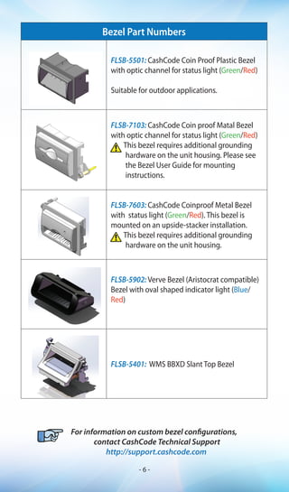 Bezel Part Numbers
FLSB-5501: CashCode Coin Proof Plastic Bezel
with optic channel for status light (Green/Red)
Suitable for outdoor applications.
FLSB-7103: CashCode Coin proof Matal Bezel
with optic channel for status light (Green/Red)
This bezel requires additional grounding
hardware on the unit housing. Please see
the Bezel User Guide for mounting
instructions.
FLSB-7603: CashCode Coinproof Metal Bezel
with status light (Green/Red). This bezel is
mounted on an upside-stacker installation.
This bezel requires additional grounding
hardware on the unit housing.
FLSB-5902: Verve Bezel (Aristocrat compatible)
Bezel with oval shaped indicator light (Blue/
Red)
FLSB-5401: WMS BBXD Slant Top Bezel
For information on custom bezel configurations,
contact CashCode Technical Support
http://support.cashcode.com
- 6 -
 