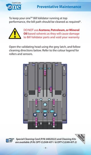 Special Cleaning Card (P/N: 8402022) and Cleaning Kits
are available (P/N: OPT-CLEAN-KIT-1 & OPT-CLEAN-KIT-2)
CashCode
Preventative Maintenance
To keep your oneTM
Bill Validator running at top
performance, the bill path should be cleaned as required*.
DONOTuseAcetone,Petroleum,orMineral
Oil based solvents as they will cause damage
to Bill Validator parts and void your warranty
Open the validating head using the grey latch, and follow
cleaning directions below. Refer to the colour legend for
rollers and sensors.
- 9 -
 