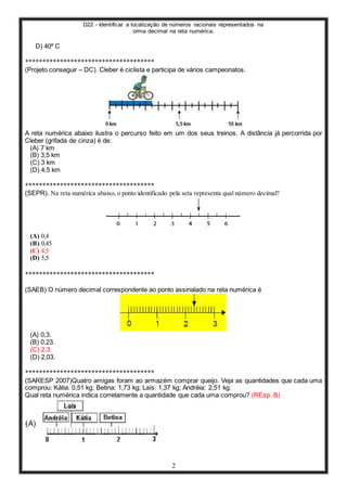 D22 - Identificar a localização de números racionais representados na
orma decimal na reta numérica.
2
D) 40º C
*************************************
(Projeto conseguir – DC). Cleber é ciclista e participa de vários campeonatos.
A reta numérica abaixo ilustra o percurso feito em um dos seus treinos. A distância já percorrida por
Cleber (grifada de cinza) é de:
(A) 7 km
(B) 3,5 km
(C) 3 km
(D) 4,5 km
*************************************
(SEPR). Na reta numérica abaixo, o ponto identificado pela seta representa qual número decimal?
(A) 0,4
(B) 0,45
(C) 4,5
(D) 5,5
*************************************
(SAEB) O número decimal correspondente ao ponto assinalado na reta numérica é
(A) 0,3.
(B) 0,23.
(C) 2,3.
(D) 2,03.
*************************************
(SARESP 2007)Quatro amigas foram ao armazém comprar queijo. Veja as quantidades que cada uma
comprou: Kátia: 0,51 kg; Betina: 1,73 kg; Laís: 1,37 kg; Andréia: 2,51 kg.
Qual reta numérica indica corretamente a quantidade que cada uma comprou? (REsp. B)
 