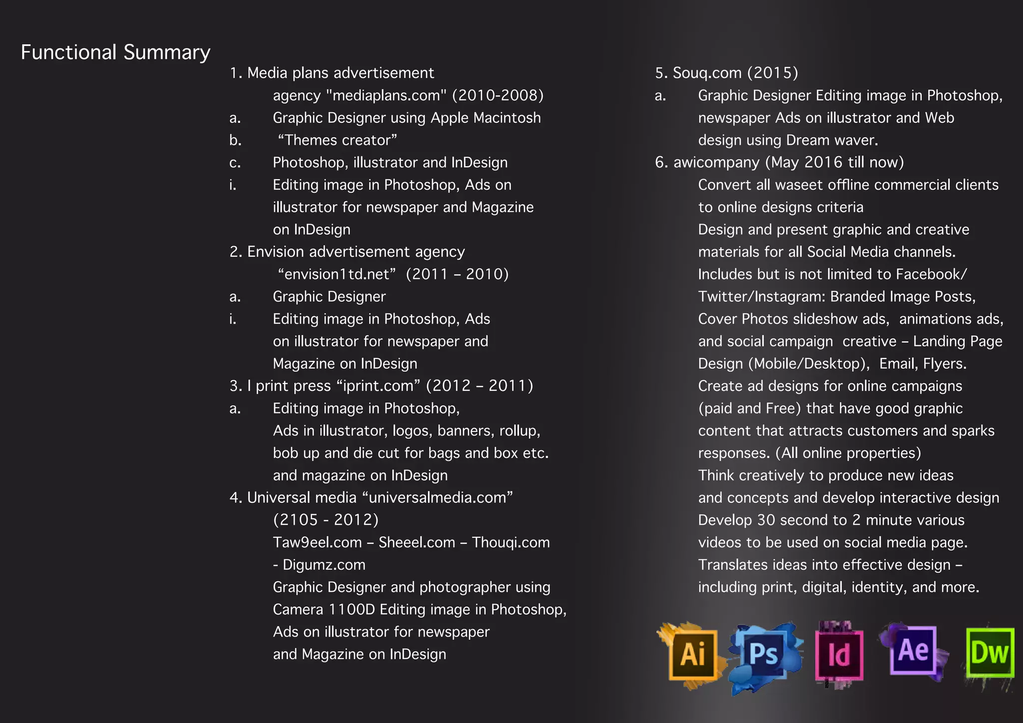 1. Media plans advertisement
agency "mediaplans.com" (2010-2008)
a. Graphic Designer using Apple Macintosh
b. “Themes creator”
c. Photoshop, illustrator and InDesign
i. Editing image in Photoshop, Ads on
illustrator for newspaper and Magazine
on InDesign
2. Envision advertisement agency
“envision1td.net” (2011 – 2010)
a. Graphic Designer
i. Editing image in Photoshop, Ads
on illustrator for newspaper and
Magazine on InDesign
3. I print press “iprint.com” (2012 – 2011)
a. Editing image in Photoshop,
Ads in illustrator, logos, banners, rollup,
bob up and die cut for bags and box etc.
and magazine on InDesign
4. Universal media “universalmedia.com”
(2105 - 2012)
Taw9eel.com – Sheeel.com – Thouqi.com
- Digumz.com
Graphic Designer and photographer using
Camera 1100D Editing image in Photoshop,
Ads on illustrator for newspaper
and Magazine on InDesign
5. Souq.com (2015)
a. Graphic Designer Editing image in Photoshop,
newspaper Ads on illustrator and Web
design using Dream waver.
6. awicompany (May 2016 till now)
Convert all waseet oﬄine commercial clients
to online designs criteria
Design and present graphic and creative
materials for all Social Media channels.
Includes but is not limited to Facebook/
Twitter/Instagram: Branded Image Posts,
Cover Photos slideshow ads, animations ads,
and social campaign creative – Landing Page
Design (Mobile/Desktop), Email, Flyers.
Create ad designs for online campaigns
(paid and Free) that have good graphic
content that attracts customers and sparks
responses. (All online properties)
Think creatively to produce new ideas
and concepts and develop interactive design
Develop 30 second to 2 minute various
videos to be used on social media page.
Translates ideas into eﬀective design –
including print, digital, identity, and more.
Functional Summary
 