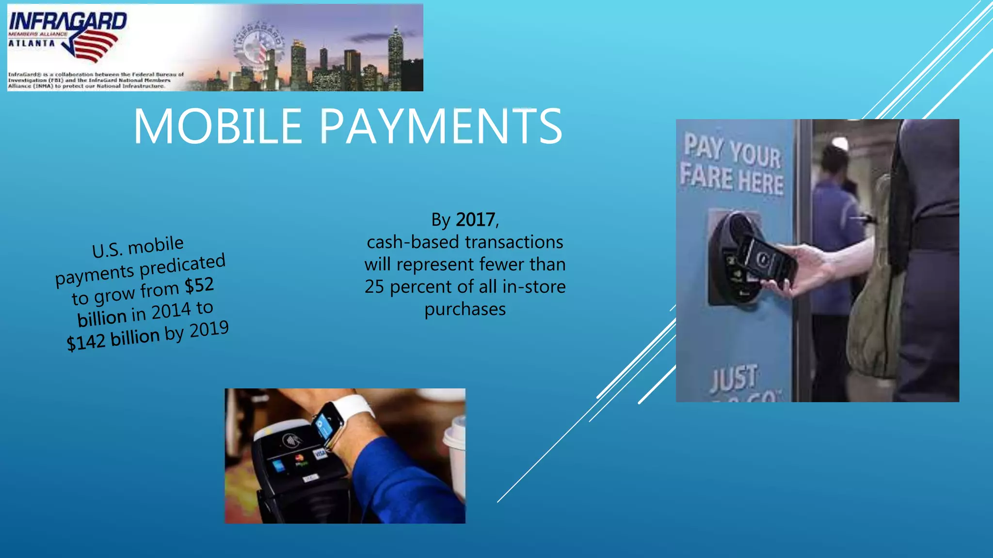 MOBILE PAYMENTS
By 2017,
cash-based transactions
will represent fewer than
25 percent of all in-store
purchases
 