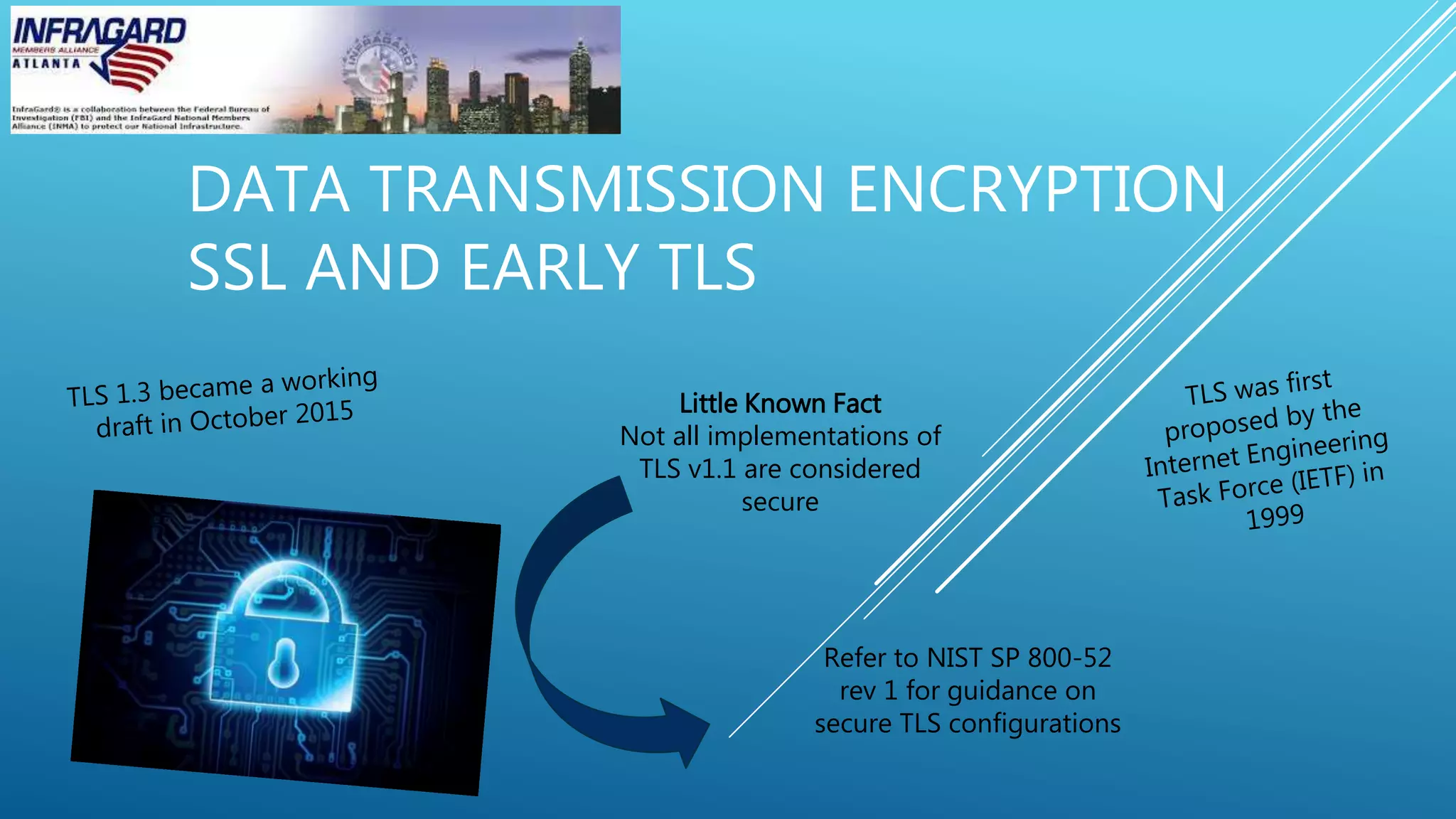 DATA TRANSMISSION ENCRYPTION
SSL AND EARLY TLS
Refer to NIST SP 800-52
rev 1 for guidance on
secure TLS configurations
Little Known Fact
Not all implementations of
TLS v1.1 are considered
secure
 