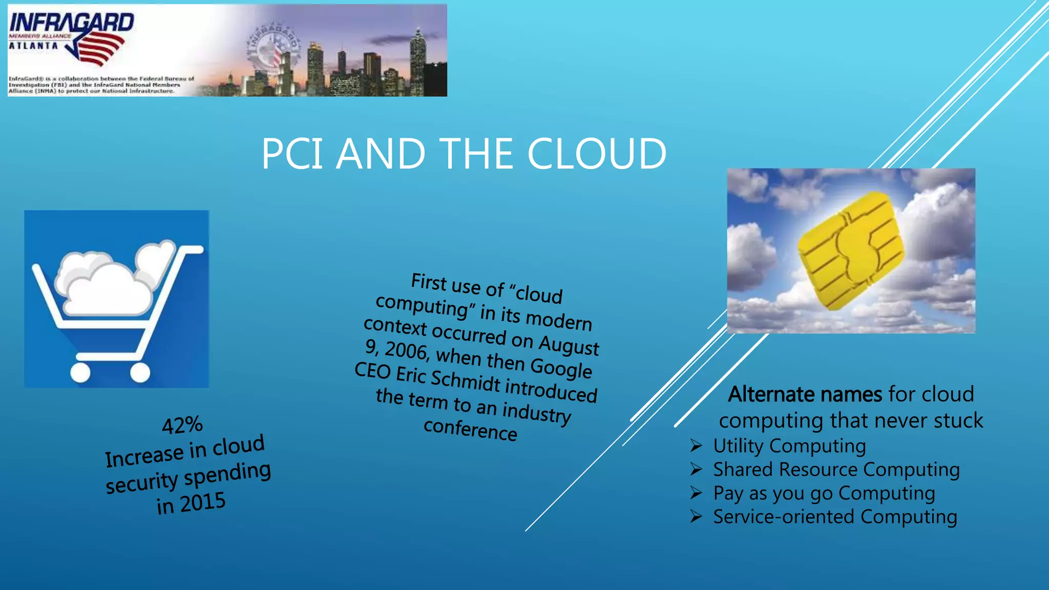 PCI AND THE CLOUD
Alternate names for cloud
computing that never stuck
 Utility Computing
 Shared Resource Computing
 Pay as you go Computing
 Service-oriented Computing
 