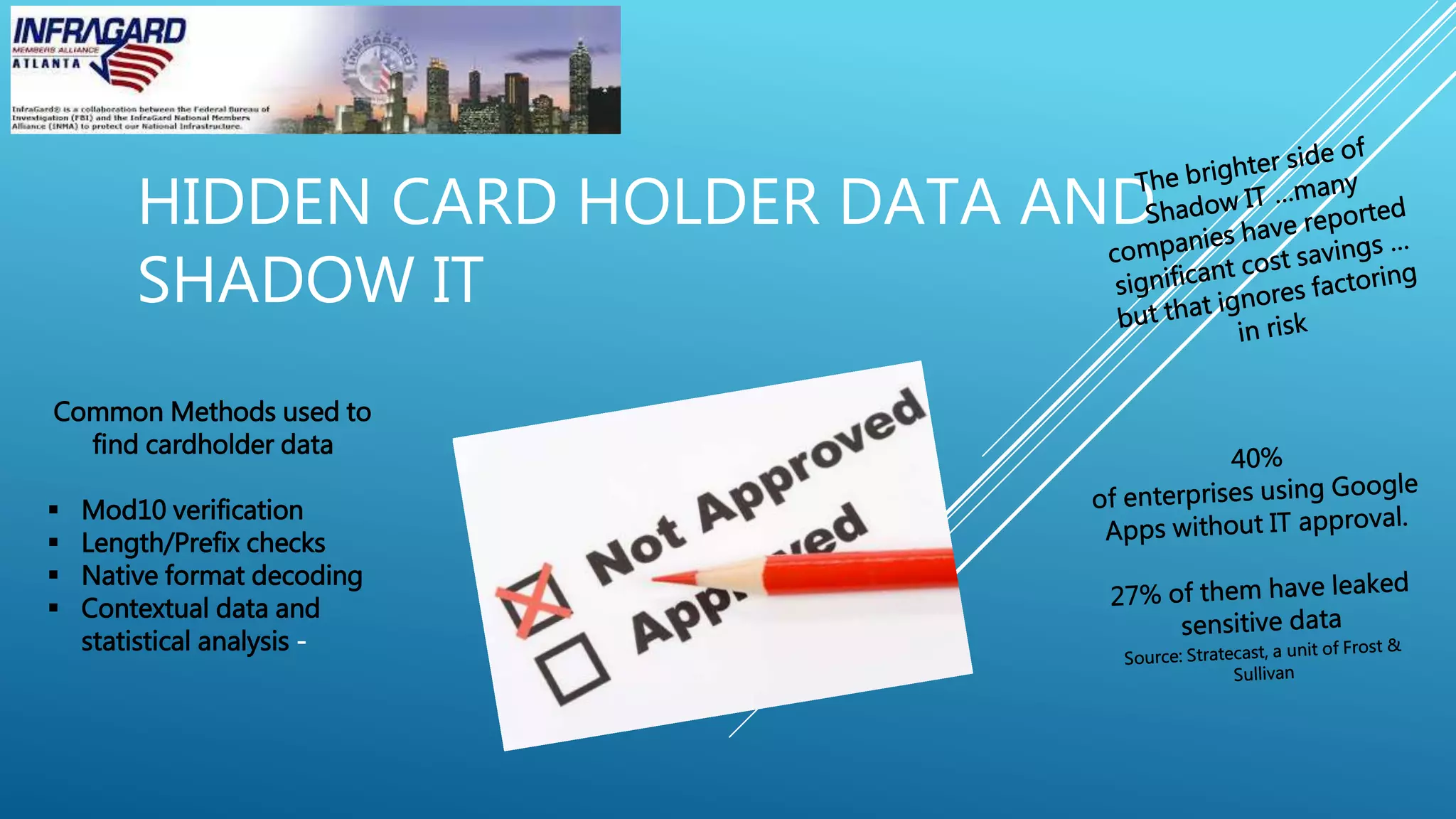 HIDDEN CARD HOLDER DATA AND
SHADOW IT
Common Methods used to
find cardholder data
 Mod10 verification
 Length/Prefix checks
 Native format decoding
 Contextual data and
statistical analysis -
 