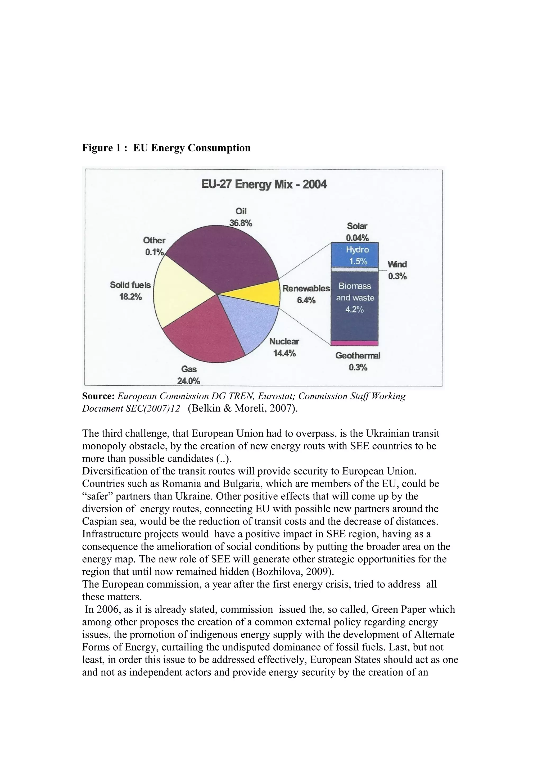 Figure 1 : EU Energy Consumption
Source: European Commission DG TREN, Eurostat; Commission Staff Working
Document SEC(2007)12 (Belkin & Moreli, 2007).
The third challenge, that European Union had to overpass, is the Ukrainian transit
monopoly obstacle, by the creation of new energy routs with SEE countries to be
more than possible candidates (..).
Diversification of the transit routes will provide security to European Union.
Countries such as Romania and Bulgaria, which are members of the EU, could be
“safer” partners than Ukraine. Other positive effects that will come up by the
diversion of energy routes, connecting EU with possible new partners around the
Caspian sea, would be the reduction of transit costs and the decrease of distances.
Infrastructure projects would have a positive impact in SEE region, having as a
consequence the amelioration of social conditions by putting the broader area on the
energy map. The new role of SEE will generate other strategic opportunities for the
region that until now remained hidden (Bozhilova, 2009).
The European commission, a year after the first energy crisis, tried to address all
these matters.
In 2006, as it is already stated, commission issued the, so called, Green Paper which
among other proposes the creation of a common external policy regarding energy
issues, the promotion of indigenous energy supply with the development of Alternate
Forms of Energy, curtailing the undisputed dominance of fossil fuels. Last, but not
least, in order this issue to be addressed effectively, European States should act as one
and not as independent actors and provide energy security by the creation of an
 