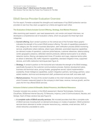 For Security & Risk Professionals
The Forrester Wave™: DDoS Services Providers, Q3 2015
Nine Vendors That Can Help You Protect Your Presence On The Web
July 22, 2015
© 2015 Forrester Research, Inc. Unauthorized copying or distributing is a violation of copyright law.
Citations@forrester.com or +1 866-367-7378
13
DDoS Service Provider Evaluation Overview
For this report, Forrester evaluated the strengths and weaknesses of top DDoS protection service
providers to see how they stack up against our criteria and against each other.
The Evaluation Criteria Include Current Offering, Strategy, And Market Presence
After examining past research, user need assessments, and vendor and expert interviews, we
developed a comprehensive set of evaluation criteria, which we grouped into three high-level
categories:
›› Current offering. Each vendor’s position on the vertical axis of the Forrester Wave graphic
indicates the strength of its current DDoS product offering. The sets of capabilities evaluated in
this category are: the vendor’s business description, alert notification process (DDoS monitoring
service), amplification attack defense, attack types defended, automated response capabilities
(on-demand modes of operation), customer portal features, customer references, data/scrubbing
center geographic presence, defended network protocols, defense tactics (prior to an attack),
detection tactics, filtering rule deployment times, IP location and maps, response tactics (after
an attack is detected), SSL traffic inspection capabilities, standard mitigation times, supported
devices, and traffic redirection techniques (see Figure 4).
›› Strategy. A vendor’s position on the horizontal axis indicates the strength of its DDoS strategy,
specifically focused on the customer communications process. Solution development plans,
business and technical value, pricing models, geographies served, hybrid implementation
availability, threat intelligence capabilities, system integration partners, technology partners, value-
added resellers, technical and development staff, professional services staff, and sales staff.
›› Market presence. The size of the vendor’s bubble on the chart indicates its market presence,
which Forrester measured based on the company’s client base, revenue, revenue growth, and the
years the firm has offered DDoS services.
Inclusion Criteria Looked At Breadth, Global Presence, And Market Relevance
Forrester included nine vendors in this DDoS assessment: Akamai Technologies, CenturyLink,
CloudFlare, DOSarrest Internet Security, F5 Networks, Imperva, Level 3 Communications, Neustar, and
Verisign. Each of these vendors has (see Figure 5):
›› A complete suite of DDoS security services. We included providers that offer a complete suite
of DDoS services including both on-demand and always-on modes of operation. DDoS protection
services block attempts to render computer resources (e.g., websites, email services, VoIP, or
whole networks) unavailable to users.
 