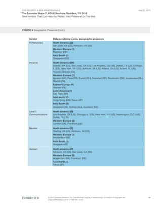 For Security & Risk Professionals
The Forrester Wave™: DDoS Services Providers, Q3 2015
Nine Vendors That Can Help You Protect Your Presence On The Web
July 22, 2015
© 2015 Forrester Research, Inc. Unauthorized copying or distributing is a violation of copyright law.
Citations@forrester.com or +1 866-367-7378
16
FIGURE 4 Geographic Presence (Cont.)
Vendor
F5 Networks North America (2)
San Jose, CA (US), Ashburn, VA (US)
Western Europe (1)
Frankfurt (DE)
Asia South (1)
Singapore (SG)
Data/scrubbing center geographic presence
North America (10)
Seattle, WA (US), San Jose, CA (US), Los Angeles, CA (US), Dallas, TX (US), Chicago,
IL (US), New York, NY (US), Ashburn, VA (US), Atlanta, GA (US), Miami, FL (US),
Toronto, Ontario (CA)
Western Europe (7)
London (UK), Paris (FR), Zurich (CH), Frankfurt (DE), Stockholm (SE), Amsterdam (NL),
Madrid (ES)
Eastern Europe (1)
Warsaw (PL)
Latin America (1)
Sao Pallo (BR)
Asia North (2)
Hong Kong, (CN) Tokyo (JP)
Asia South (3)
Singapore (SI), Sydney (AU), Auckland (NZ)
Imperva
North America (5)
Los Angeles, CA (US), Chicago IL, (US), New York, NY (US), Washington, D.C. (US),
Dallas, TX (US)
Western Europe (2)
London (UK), Frankfurt (DE)
Level 3
Communications
North America (2)
Sterling, VA (US), Ashburn, VA (US)
Western Europe (1)
Amsterdam (NL)
Asia South (1)
Singapore (SI)
Neustar
North America (2)
Ashburn, VA (US), San Jose, CA (US)
Western Europe (2)
Amsterdam (NL), Frankfurt (DE)
Asia North (1)
Tokyo (JP)
Verisign
 