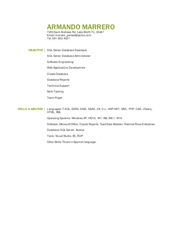 Armando Marrero Resume Sql Server Database Developer