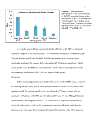 !15
!
A two tailed unpaired T-test was run to test if the inhibition of KR-323 was statistically
significant compared to the positive control. The two-tailed P value equals 0.0669 and using a P-
Value of .05 as the significance threshold, the difference between these two means is not
statistically significant; this supports the hypothesis that KR-323 does not significantly inhibit
Jurkat growth. When this MTT test was repeated for a second time, it produced similar results
also supporting the claim that KR-323 does not suppress Jurkat growth.
Discussion
Before examining parameters associated with B. dendrobatidis in MTT assays, I focused
on obtaining maximal Jurkat growth for the positive control and minimal Jurkat growth for the
negative control. The positive control for the currently used MTT assay is Jurkat cells at a
density of 1x106 cells/ml with RPMI growth medium at 37°C and 5% CO2. Although the Jurkat
cells have been known to grow well at 37°C, B. dendrobatidis is more effective at inhibiting
Jurkat cell proliferation at 26°C, as this temperature is more favorable to the survival of the
pathogen. A previous study that investigated the impact of temperature on Bd effectiveness by
Figure 6: This is a graphical
representation of the results from one
of the MTT assays performed testing
the virulence of KR-323 in comparison
with other, previously studied strains.
These preliminary results supported my
hypothesis that KR-323 is less virulent
than JEL 197 and JEL 142.
 