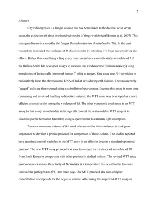 !2
Abstract
Chytridiomycosis is a fungal disease that has been linked to the decline, or in severe
cases, the extinction of about two hundred species of frogs worldwide (Skerratt et al. 2007). This
emergent disease is caused by the fungus Batrachochytrium dendrobatidis (Bd). In the past,
researchers measured the virulence of B. dendrobatidis by infecting live frogs and observing the
effects. Rather than sacrificing a frog every time researchers wanted to study an isolate of B.d,
the Rollins-Smith lab developed assays to measure one virulence trait (immunotoxicity) using
populations of Jurkat cells (immortal human T cells) as targets. One assay uses 3H-thymidine to
radioactively label the chromosomal DNA of Jurkat cells during cell division. The radioactively
“tagged” cells are then counted using a scintillation beta-counter. Because this assay is more time
consuming and involved handling radioactive material, the MTT assay was developed as a more
efficient alternative for testing the virulence of Bd. The other commonly used assay is an MTT
assay. In this assay, mitochondria in living cells convert the water-soluble MTT reagent to
insoluble purple formazan detectable using a spectrometer to calculate light absorption.
Because numerous isolates of Bd need to be tested for their virulence, it is of great
importance to develop a precise protocol for comparison of these isolates. The studies reported
here examined several variables in the MTT assay in an effort to develop a standard optimized
protocol. The new MTT assay protocol was used to analyze the virulence of an isolate of Bd
from South Korea in comparison with other previously studied isolates. The revised MTT assay
protocol now examines the activity of Bd isolates at a temperature that is within the tolerance
limits of the pathogen (at 27°C) for three days. The MTT protocol also uses a higher
concentration of etoposide for the negative control. After using this improved MTT assay on
 