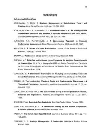 52
REFERÊNCIAS
Referências Bibliográficas
ACKERMANN, F.; EDEN, C. Strategic Management of Stakeholders: Theory and
Practice. Long Range Planning, 44(5), pp. 179-196, 2011.
AGLE, B.; MITCHELL, R.; SONNENFELD, J. Who Matters the CEOs? An Investigation of
Stakeholders attributes and Salience, Corporate Performance and CEO Values.
Academy of Management Journal, 42(5), pp. 507-525, 1999.
ALTKINSON, A.A.; WATERHOUSE, J. A Stakeholders Approach to Strategic
Performance Measurement. Sloan Management Review, 38 (3), pp. 25-36, 1997.
ARNSTEIN, S. A Ladder of Citizen Participation. Journal of the American Institute of
Planners, 35(4), pp. 216-224, 1969.
BAUMAN, Z.. Postmodern Ethics. Londres. Editora Wiley-Blackwell, 1993.
CIGOLINI, M.P. Relações Institucionais como Estratégia do Negócio: Gerenciamento
de Stakeholders. 2014. 56 p. Monografia (MBA em Gestão Estratégica) – Faculdade
de Economia, Administração e Contabilidade de Ribeirão Preto, Universidade de São
Paulo, Ribeirão Preto, 2014.
CLARKSON, M. A Stakeholder Framework for Analyzing and Evaluating Corporate
Social Performance. The Academy of Management Review, 20 (1), pp. 92-117, 1995.
DEEGAN, C., The Legitimising Effects of Social and Environmental Disclosures – A
Theoretical Foundation. Accounting, Auditing & Accountability Journal, 15 (3), pp.
282-311, 2002.
DONALDSON, T.; PRESTON, L. The Stakeholders Theory of the Corporation: Concepts,
Evidence and Implications. Academy of Management Review, 20 (1), pp. 65-91,
1995.
DRUCKER, Peter. Sociedade Pós-Capitalista. 2 ed. São Paulo: Editora Pioneira, 1994.
EVAN, W.M.; FREEMAN, R. E. A Stakeholder Theory for The Modern Corporation:
Kantian Capitalism, Ethical Theory and Business, 2004.
FASSIN, Y. The Stakeholder Model Refined. Journal of Business Ethics, 84(1), pp. 113-
135, 2009.
FREEMAN, R. E. Strategic Management: A Stakeholder Approach. Boston. Editora
Pitman, 1984.
 
