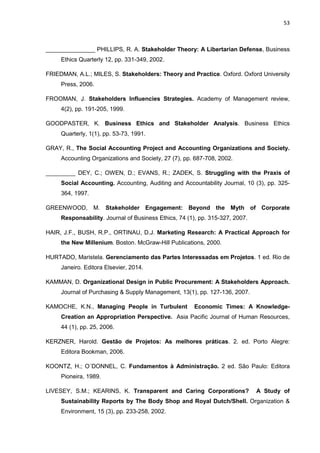 53
_______________ PHILLIPS, R. A. Stakeholder Theory: A Libertarian Defense, Business
Ethics Quarterly 12, pp. 331-349, 2002.
FRIEDMAN, A.L.; MILES, S. Stakeholders: Theory and Practice. Oxford. Oxford University
Press, 2006.
FROOMAN, J. Stakeholders Influencies Strategies. Academy of Management review,
4(2), pp. 191-205, 1999.
GOODPASTER, K. Business Ethics and Stakeholder Analysis. Business Ethics
Quarterly, 1(1), pp. 53-73, 1991.
GRAY, R., The Social Accounting Project and Accounting Organizations and Society.
Accounting Organizations and Society, 27 (7), pp. 687-708, 2002.
_________ DEY, C.; OWEN, D.; EVANS, R.; ZADEK, S. Struggling with the Praxis of
Social Accounting. Accounting, Auditing and Accountability Journal, 10 (3), pp. 325-
364, 1997.
GREENWOOD, M. Stakeholder Engagement: Beyond the Myth of Corporate
Responsability. Journal of Business Ethics, 74 (1), pp. 315-327, 2007.
HAIR, J.F., BUSH, R.P., ORTINAU, D.J. Marketing Research: A Practical Approach for
the New Millenium. Boston. McGraw-Hill Publications, 2000.
HURTADO, Maristela. Gerenciamento das Partes Interessadas em Projetos. 1 ed. Rio de
Janeiro. Editora Elsevier, 2014.
KAMMAN, D. Organizational Design in Public Procurement: A Stakeholders Approach.
Journal of Purchasing & Supply Management, 13(1), pp. 127-136, 2007.
KAMOCHE, K.N., Managing People in Turbulent Economic Times: A Knowledge-
Creation an Appropriation Perspective. Asia Pacific Journal of Human Resources,
44 (1), pp. 25, 2006.
KERZNER, Harold. Gestão de Projetos: As melhores práticas. 2. ed. Porto Alegre:
Editora Bookman, 2006.
KOONTZ, H.; O´DONNEL, C. Fundamentos à Administração. 2 ed. São Paulo: Editora
Pioneira, 1989.
LIVESEY, S.M.; KEARINS, K. Transparent and Caring Corporations? A Study of
Sustainability Reports by The Body Shop and Royal Dutch/Shell. Organization &
Environment, 15 (3), pp. 233-258, 2002.
 
