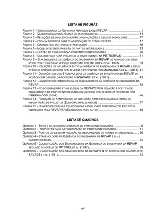 viii
LISTA DE FIGURAS
FIGURA 1 – ORGANOGRAMA DA REFINARIA HENRIQUE LAGE (REVAP).......................................1
FIGURA 2 – CLASSIFICAÇÃO QUALITATIVA DE STAKEHOLDERS................................................... 14
FIGURA 3 – RELAÇÕES DE INFLUÊNCIA ENTRE ORGANIZAÇÕES E SEUS STAKEHOLDERS ............. 17
FIGURA 4 – ESCALA SUGERIDA PARA CLASSIFICAÇÃO DE STAKEHOLDERS ................................. 17
FIGURA 5 – DIAGNÓSTICO DO TIPO DE STAKEHOLDER .............................................................. 18
FIGURA 6 – MODELO DE ENGAJAMENTO DE PARTES INTERESSADAS.......................................... 23
FIGURA 7 – GESTÃO DE COMUNICAÇÃO COM PARTES INTERESSADAS........................................ 26
FIGURA 8 – CICLO DE VIDA PARA PROJETOS DE INVESTIMENTO NA PETROBRÁS ..................... 31
FIGURA 9 – STAKEHOLDERS DA GERÊNCIA DE ENGENHARIA DA REVAP DE ACORDO COM SEUS
ATRIBUTOS (CONFORME MODELO PROPOSTO POR MITCHEL ET AL. 1997)........................ 39
FIGURA 10 – RELAÇÕES DE INFLUÊNCIA ENTRE A GERÊNCIA DE ENGENHARIA DA REVAP E SEUS
STAKEHOLDERS DE ACORDO COM O MODELO PROPOSTO POR MAINARDES ET AL. (2011). 41
FIGURA 11 – DIAGNÓSTICO DOS STAKEHOLDERS DA GERÊNCIA DE ENGENHARIA DA REVAP DE
ACORDO COM O MODELO PROPOSTO POR SAVAGE ET AL. (1991) .................................... 43
FIGURA 12 – DIAGNÓSTICO FUTURO PARA OS STAKEHOLDERS DA GERÊNCIA DE ENGENHARIA DA
REVAP ......................................................................................................................... 45
FIGURA 13 – POSICIONAMENTO ATUAL E IDEAL DA REVAP/EN EM RELAÇÃO À POLÍTICA DE
ENGAJAMENTO DE PARTES INTERESSADAS DE ACORDO COM O MODELO PROPOSTO POR
GREENWOOD (2007) .................................................................................................. 46
FIGURA 14 – REDUÇÃO DO TEMPO MÉDIO DE LIBERAÇÃO PARA EXECUÇÃO DAS OBRAS DE
IMPLANTAÇÃO DE PROJETOS (ELABORADO PELO AUTOR) .................................................. 47
FIGURA 15 – NÚMERO DE QUEIXAS RELACIONADAS A QUALIDADE PERCEBIDA DOS PROJETOS
ENTREGUES PELA REVAP/EN (ELABORADO PELO AUTOR)................................................ 48
LISTA DE QUADROS
QUADRO 1 – TIPOS E CATEGORIAS GENÉRICAS DE PARTES INTERESSADAS .................................8
QUADRO 2 – PROPOSTAS PARA CATEGORIZAÇÃO DE PARTES INTERESSADAS............................ 11
QUADRO 3 – PONTOS DE VISTA EM RELAÇÃO AO ENGAJAMENTO DE PARTES INTERESSADAS....... 20
QUADRO 4 – STAKEHOLDERS DA GERÊNCIA DE ENGENHARIA DA REVAP E SUAS
CARACTERÍSTICAS .......................................................................................................... 35
QUADRO 5 – CLASSIFICAÇÃO DOS STAKEHOLDERS DA GERENCIA DE ENGENHARIA DA REVAP
SEGUNDO O MODELO DE MITCHEL ET AL. (1997) ............................................................ 38
QUADRO 6 – CLASSIFICAÇÃO DOS STAKEHOLDERS DA REVAP/EN DE ACORDO COM O MODELO DE
SAVAGE ET AL. (1991).................................................................................................. 42
 