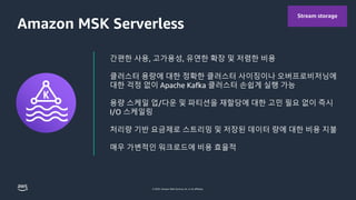 © 2023, Amazon Web Services, Inc. or its affiliates.
Amazon MSK Serverless
간편한 사용, 고가용성, 유연한 확장 및 저렴한 비용
클러스터 용량에 대한 정확한 클러스터 사이징이나 오버프로비저닝에
대한 걱정 없이 Apache Kafka 클러스터 손쉽게 실행 가능
용량 스케일 업/다운 및 파티션을 재할당에 대한 고민 필요 없이 즉시
I/O 스케일링
처리량 기반 요금제로 스트리밍 및 저장된 데이터 량에 대한 비용 지불
매우 가변적인 워크로드에 비용 효율적
Stream storage
 