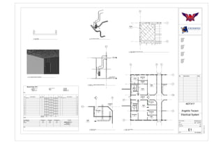 DR 
1 
2 
4 
5 
2.10 
3.1 
2 1/4" = 1'-0" Office Reflected Ceiling Plan Level 1 
A B C 
OFFICE 
101 
RECEPTION 
102 
STORAGE 
103A 
EXAM 
1003 
OFFICE 
103 
MEN'S 
104 
CORRIDOR 
100 
WOMEN'S 
105 
MECHANICAL 
001 
ELECTRICAL 
107 
RECEPTION 
108 
FAMILY 
109 
EXAM 
106 
1, PP-1 
6 
E1 
1 
2 
A 
OFFICE 
101 
3.1 
Level 2 
18' - 0" 
B 
6 E1 
CORRIDOR 
100 
ELECTRICAL 
107 
EXAM 
106 
Office Reflected 
Ceiling Plan Level 1 
0' - 0" 
3.1 
ADT317 
Angelito Tecson 
Electrical System 
Project Number 
Date 
Drawn By 
Checked By 
Scale 
Consultant 
Address 
Address 
Address 
Phone 
Consultant 
Address 
Address 
Address 
Phone 
Consultant 
Address 
Address 
Address 
Phone 
Consultant 
Address 
Address 
Address 
Phone 
PORTFOLIO 
Oct. 19 2014 
LT 
As indicated 
12/8/2014 12:49:37 AM 
E1 
KC 
1 1/8" = 1'-0" Level 1, Room Space 
3 1/4" = 1'-0" Electrical room 
Notes: 
5 1/2" = 1'-0" Curb Detail 
Branch Panel: PP-1 
Location: Space 10 Volts: 120/208 Wye A.I.C. Rating: 
Supply From: Phases: 3 MainsType: 
Mounting: Surface Wires: 4 MainsRating: 100 A 
Enclosure: Type 1 MCB Rating: 225 A 
CKT Circuit Description Trip Poles A B C Poles Trip Circuit Description CKT 
1 OFFICE 101 20 A 1 900 VA 128 VA 1 20 A OFFICE 101 2 
3 4 
5 6 
7 8 
9 10 
11 12 
13 14 
15 16 
17 18 
19 20 
21 22 
23 24 
25 26 
27 28 
29 30 
31 32 
33 34 
35 36 
37 38 
39 40 
41 42 
Legend: 
Total Load: 1028 VA 0 VA 0 VA 
Total Amps: 9 A 0 A 0 A 
Load Classification Connected Load Demand Factor Estimated Demand Panel Totals 
Other 0 VA 0.00% 0 VA Total Conn. Load: 1028 VA 
Receptacle 900 VA 100.00% 900 VA Total Est. Demand: 1028 VA 
Notes: 
Total Conn.: 3 A 
Total Est. Demand: 3 A 
Lighting - Dwelling Unit 128 VA 100.00% 128 VA 
6 1/4" = 1'-0" Section 1, Lighting & Aplliance Panel board 
7 3D, Lighting & Aplliance Panelboard 
4 3D, ELElectrical System 
No. Description Date 
