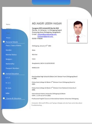 Page1Page1
Curriculum Vitae
MD.NASIR UDDIN HASAN
Youngone CEPZ Limited,GPO Box No #543
Plot No. 11-16,Sector -2, Chittagong Export
Processing Zone.Chittagomg. Bangladesh.
E-mail : nhasan@youngonectg.com,
15nhasan@gmail.com,
01918- 478204
Name :
Address :
Email :
Phone :
S. S. C
H. S. C
B. Com.
MBA
Kanchanabad High School & Obtain 2nd Division From Chittagong Board
in 2000 .
Potiya Govt.College & Obtain 2
nd
Division From Chittagong Board in
2002.
Potiya Govt.College & Obtain 2
nd
Division From National University in
2006.
International Islamic University Chittagong & Obtain
CGPA . 3.174 out of 4 in 2010.
Computer System, University of Gunadarma
Cumulative GPA: 3.12
Formal Education
- Professonal English Cource at International Islamic University Chittagong.
- Computer, Microsoft Office and Typing in Bangla and also have some idea about
Troubleshooting .
Personal Details
Place / Date of Birth:
Gender:
Marital Status:
Religion :
Nationality:
Passport Number:
Chittagong, January 15
th
1984
Male
Married
Islam
Bangladeshi, NID # 1511876539192
BA0011123
Course & Education
 