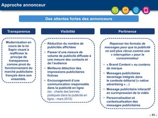 - 11 -
Approche annonceur
Des attentes fortes des annonceurs
Transparence Visibilité
Modernisation en
cours de la loi
Sapin visant à
réaffirmer le
principe de
transparence
comme pivot du
fonctionnement du
marché publicitaire
français dans son
ensemble.
Pertinence
• Réduction du nombre de
publicités affichées
• Passer d’une mesure de
volume de publicité diffusée à
une mesure des contacts et
de l’audience
• Meilleure détection des
impressions publicitaires
fictives
• Encouragement d’une
communication responsable
dans la publicité en ligne
(ex : charte des bonnes
pratiques dans la publicité en
ligne - mars 2015)
Repenser les formats de
messages pour que la publicité
ne soit plus vécue comme une
« interruption » pour le
consommateur
• « Brand Content » ou contenu
de marque
• Messages publicitaires
davantage intégrés dans
le contexte éditorial (« native
advertising »…)
• Message publicitaire interactif
en surimpression de la vidéo
• Personnalisation et
contextualisation des
messages publicitaires
 