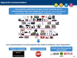 - 7 -
Approche consommateur
Une pression publicitaire de plus en plus ressentie par le
consommateur liée à ses modes de vie (transports, zones urbanisées et
commerciales) et à sa consommation d’internet (fixe et mobile)
Les consommateurs se sont emparés des outils et solutions à leur disposition :
Bloquer la publicité"Passer" la publicité
Choisir des offres payantes
sans publicité
 