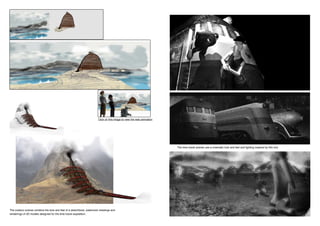 The time travel scenes use a cinematic look and feel and lighting inspired by film noir.
The outdoor scenes combine the look and feel of a sketchbook, watercolor drawings and
renderings of 3D models designed for the time travel expedition.
Click on this image to view the web animation
 