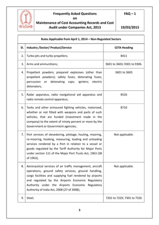 Frequently Asked Questions
on
Maintenance of Cost Accounting Records and Cost
Audit under Companies Act, 2013
FAQ – 1
19/03/2015
3
Rules Applicable from April 1, 2014 – Non-Regulated Sectors
Sl. Industry /Sector/ Product/Service CETA Heading
2. Turbo jets and turbo propellers; 8411
3. Arms and ammunitions; 3601 to 3603; 9301 to 9306.
4. Propellant powders; prepared explosives (other than
propellant powders); safety fuses; detonating fuses;
percussion or detonating caps; igniters; electric
detonators;
3601 to 3603
5. Radar apparatus, radio navigational aid apparatus and
radio remote control apparatus;
8526
6. Tanks and other armoured fighting vehicles, motorised,
whether or not fitted with weapons and parts of such
vehicles, that are funded (investment made in the
company) to the extent of ninety percent or more by the
Government or Government agencies;
8710
7. Port services of stevedoring, pilotage, hauling, mooring,
re-mooring, hooking, measuring, loading and unloading
services rendered by a Port in relation to a vessel or
goods regulated by the Tariff Authority for Major Ports
under section 111 of the Major Port Trusts Act, 1963 (38
of 1963);
Not applicable.
8. Aeronautical services of air traffic management, aircraft
operations, ground safety services, ground handling,
cargo facilities and supplying fuel rendered by airports
and regulated by the Airports Economic Regulatory
Authority under the Airports Economic Regulatory
Authority of India Act, 2008 (27 of 2008);
Not applicable.
9. Steel; 7201 to 7229; 7301 to 7326
 