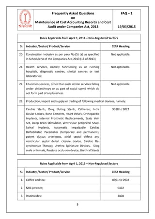 Frequently Asked Questions
on
Maintenance of Cost Accounting Records and Cost
Audit under Companies Act, 2013
FAQ – 1
19/03/2015
5
Rules Applicable from April 1, 2014 – Non-Regulated Sectors
Sl. Industry /Sector/ Product/Service CETA Heading
20. Construction Industry as per para No.(5) (a) as specified
in Schedule VI of the Companies Act, 2013 (18 of 2013)
Not applicable.
21. Health services, namely functioning as or running
hospitals, diagnostic centres, clinical centres or test
laboratories;
Not applicable.
22. Education services, other than such similar services falling
under philanthropy or as part of social spend which do
not form part of any business.
Not applicable.
23. Production, import and supply or trading of following medical devices, namely:
Cardiac Stents, Drug Eluting Stents, Catheters, Intra
Ocular Lenses, Bone Cements, Heart Valves, Orthopaedic
Implants, Internal Prosthetic Replacements, Scalp Vein
Set, Deep Brain Stimulator, Ventricular peripheral Shud,
Spinal Implants, Automatic Impalpable Cardiac
Deflobillator, Pacemaker (temporary and permanent),
patent ductus arteriosus, atrial septal defect and
ventricular septal defect closure device, Cardiac Re-
synchronize Therapy, Urethra Spinicture Devices, Sling
male or female, Prostate occlusion device, Urethral Stents
9018 to 9022
Rules Applicable from April 1, 2015 – Non-Regulated Sectors
Sl. Industry /Sector/ Product/Service CETA Heading
1. Coffee and tea; 0901 to 0902
2. Milk powder; 0402
3. Insecticides; 3808
 