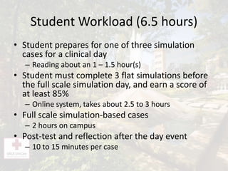 Student Workload (6.5 hours)
• Student prepares for one of three simulation
cases for a clinical day
– Reading about an 1 – 1.5 hour(s)
• Student must complete 3 flat simulations before
the full scale simulation day, and earn a score of
at least 85%
– Online system, takes about 2.5 to 3 hours
• Full scale simulation-based cases
– 2 hours on campus
• Post-test and reflection after the day event
– 10 to 15 minutes per case
 