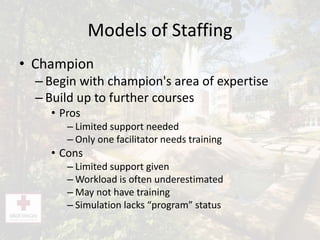 Models of Staffing
• Champion
– Begin with champion's area of expertise
– Build up to further courses
• Pros
– Limited support needed
– Only one facilitator needs training
• Cons
– Limited support given
– Workload is often underestimated
– May not have training
– Simulation lacks “program” status
 
