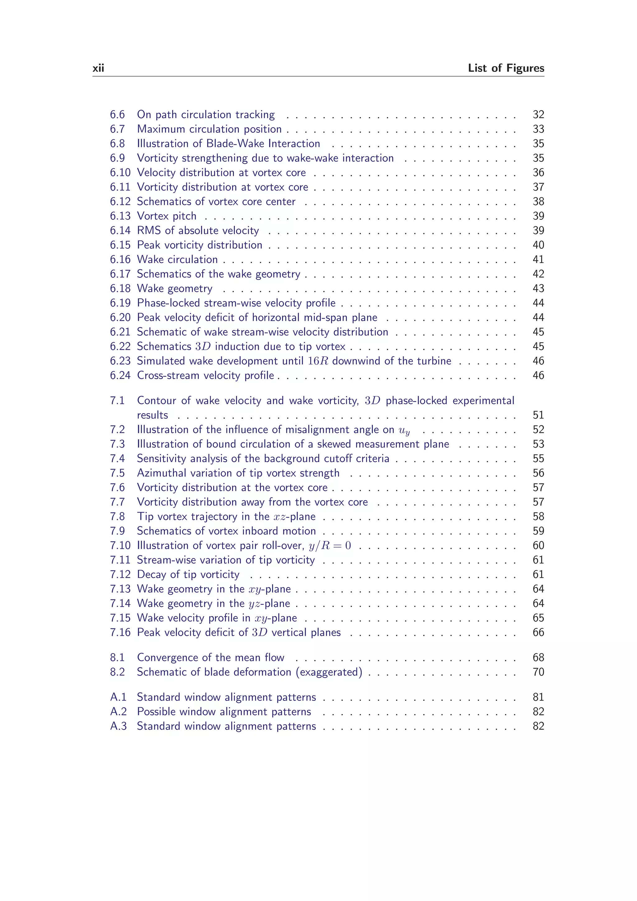 xii List of Figures
6.6 On path circulation tracking . . . . . . . . . . . . . . . . . . . . . . . . . . 32
6.7 Maximum circulation position . . . . . . . . . . . . . . . . . . . . . . . . . . 33
6.8 Illustration of Blade-Wake Interaction . . . . . . . . . . . . . . . . . . . . . 35
6.9 Vorticity strengthening due to wake-wake interaction . . . . . . . . . . . . . 35
6.10 Velocity distribution at vortex core . . . . . . . . . . . . . . . . . . . . . . . 36
6.11 Vorticity distribution at vortex core . . . . . . . . . . . . . . . . . . . . . . . 37
6.12 Schematics of vortex core center . . . . . . . . . . . . . . . . . . . . . . . . 38
6.13 Vortex pitch . . . . . . . . . . . . . . . . . . . . . . . . . . . . . . . . . . . 39
6.14 RMS of absolute velocity . . . . . . . . . . . . . . . . . . . . . . . . . . . . 39
6.15 Peak vorticity distribution . . . . . . . . . . . . . . . . . . . . . . . . . . . . 40
6.16 Wake circulation . . . . . . . . . . . . . . . . . . . . . . . . . . . . . . . . . 41
6.17 Schematics of the wake geometry . . . . . . . . . . . . . . . . . . . . . . . . 42
6.18 Wake geometry . . . . . . . . . . . . . . . . . . . . . . . . . . . . . . . . . 43
6.19 Phase-locked stream-wise velocity proﬁle . . . . . . . . . . . . . . . . . . . . 44
6.20 Peak velocity deﬁcit of horizontal mid-span plane . . . . . . . . . . . . . . . 44
6.21 Schematic of wake stream-wise velocity distribution . . . . . . . . . . . . . . 45
6.22 Schematics 3D induction due to tip vortex . . . . . . . . . . . . . . . . . . . 45
6.23 Simulated wake development until 16R downwind of the turbine . . . . . . . 46
6.24 Cross-stream velocity proﬁle . . . . . . . . . . . . . . . . . . . . . . . . . . . 46
7.1 Contour of wake velocity and wake vorticity, 3D phase-locked experimental
results . . . . . . . . . . . . . . . . . . . . . . . . . . . . . . . . . . . . . . 51
7.2 Illustration of the inﬂuence of misalignment angle on uy . . . . . . . . . . . 52
7.3 Illustration of bound circulation of a skewed measurement plane . . . . . . . 53
7.4 Sensitivity analysis of the background cutoﬀ criteria . . . . . . . . . . . . . . 55
7.5 Azimuthal variation of tip vortex strength . . . . . . . . . . . . . . . . . . . 56
7.6 Vorticity distribution at the vortex core . . . . . . . . . . . . . . . . . . . . . 57
7.7 Vorticity distribution away from the vortex core . . . . . . . . . . . . . . . . 57
7.8 Tip vortex trajectory in the xz-plane . . . . . . . . . . . . . . . . . . . . . . 58
7.9 Schematics of vortex inboard motion . . . . . . . . . . . . . . . . . . . . . . 59
7.10 Illustration of vortex pair roll-over, y/R = 0 . . . . . . . . . . . . . . . . . . 60
7.11 Stream-wise variation of tip vorticity . . . . . . . . . . . . . . . . . . . . . . 61
7.12 Decay of tip vorticity . . . . . . . . . . . . . . . . . . . . . . . . . . . . . . 61
7.13 Wake geometry in the xy-plane . . . . . . . . . . . . . . . . . . . . . . . . . 64
7.14 Wake geometry in the yz-plane . . . . . . . . . . . . . . . . . . . . . . . . . 64
7.15 Wake velocity proﬁle in xy-plane . . . . . . . . . . . . . . . . . . . . . . . . 65
7.16 Peak velocity deﬁcit of 3D vertical planes . . . . . . . . . . . . . . . . . . . 66
8.1 Convergence of the mean ﬂow . . . . . . . . . . . . . . . . . . . . . . . . . 68
8.2 Schematic of blade deformation (exaggerated) . . . . . . . . . . . . . . . . . 70
A.1 Standard window alignment patterns . . . . . . . . . . . . . . . . . . . . . . 81
A.2 Possible window alignment patterns . . . . . . . . . . . . . . . . . . . . . . 82
A.3 Standard window alignment patterns . . . . . . . . . . . . . . . . . . . . . . 82
 
