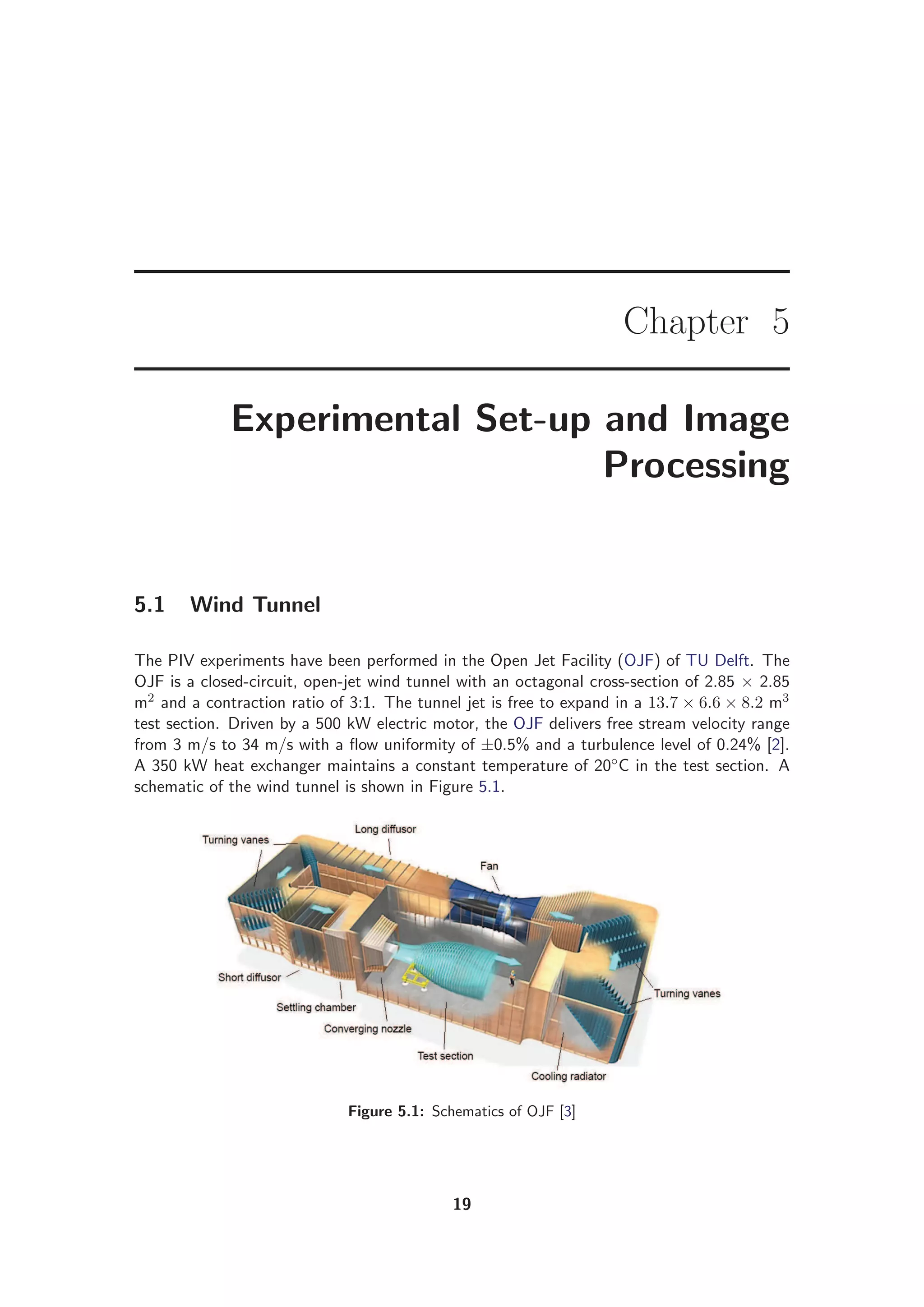Chapter 5
Experimental Set-up and Image
Processing
5.1 Wind Tunnel
The PIV experiments have been performed in the Open Jet Facility (OJF) of TU Delft. The
OJF is a closed-circuit, open-jet wind tunnel with an octagonal cross-section of 2.85 × 2.85
m2 and a contraction ratio of 3:1. The tunnel jet is free to expand in a 13.7 × 6.6 × 8.2 m3
test section. Driven by a 500 kW electric motor, the OJF delivers free stream velocity range
from 3 m/s to 34 m/s with a ﬂow uniformity of ±0.5% and a turbulence level of 0.24% [2].
A 350 kW heat exchanger maintains a constant temperature of 20◦C in the test section. A
schematic of the wind tunnel is shown in Figure 5.1.
Figure 5.1: Schematics of OJF [3]
19
 