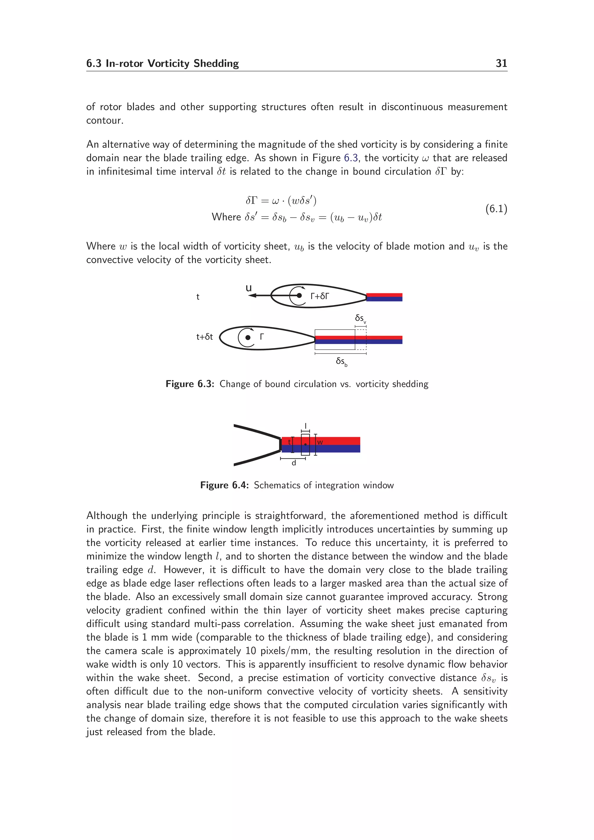 6.3 In-rotor Vorticity Shedding 31
of rotor blades and other supporting structures often result in discontinuous measurement
contour.
An alternative way of determining the magnitude of the shed vorticity is by considering a ﬁnite
domain near the blade trailing edge. As shown in Figure 6.3, the vorticity ω that are released
in inﬁnitesimal time interval δt is related to the change in bound circulation δΓ by:
δΓ = ω · (wδs′
)
Where δs′
= δsb − δsv = (ub − uv)δt
(6.1)
Where w is the local width of vorticity sheet, ub is the velocity of blade motion and uv is the
convective velocity of the vorticity sheet.
δsb
δsv
Γ
t
t+δt
Γ+δΓ
u
Figure 6.3: Change of bound circulation vs. vorticity shedding
l
d
wt
Figure 6.4: Schematics of integration window
Although the underlying principle is straightforward, the aforementioned method is diﬃcult
in practice. First, the ﬁnite window length implicitly introduces uncertainties by summing up
the vorticity released at earlier time instances. To reduce this uncertainty, it is preferred to
minimize the window length l, and to shorten the distance between the window and the blade
trailing edge d. However, it is diﬃcult to have the domain very close to the blade trailing
edge as blade edge laser reﬂections often leads to a larger masked area than the actual size of
the blade. Also an excessively small domain size cannot guarantee improved accuracy. Strong
velocity gradient conﬁned within the thin layer of vorticity sheet makes precise capturing
diﬃcult using standard multi-pass correlation. Assuming the wake sheet just emanated from
the blade is 1 mm wide (comparable to the thickness of blade trailing edge), and considering
the camera scale is approximately 10 pixels/mm, the resulting resolution in the direction of
wake width is only 10 vectors. This is apparently insuﬃcient to resolve dynamic ﬂow behavior
within the wake sheet. Second, a precise estimation of vorticity convective distance δsv is
often diﬃcult due to the non-uniform convective velocity of vorticity sheets. A sensitivity
analysis near blade trailing edge shows that the computed circulation varies signiﬁcantly with
the change of domain size, therefore it is not feasible to use this approach to the wake sheets
just released from the blade.
 