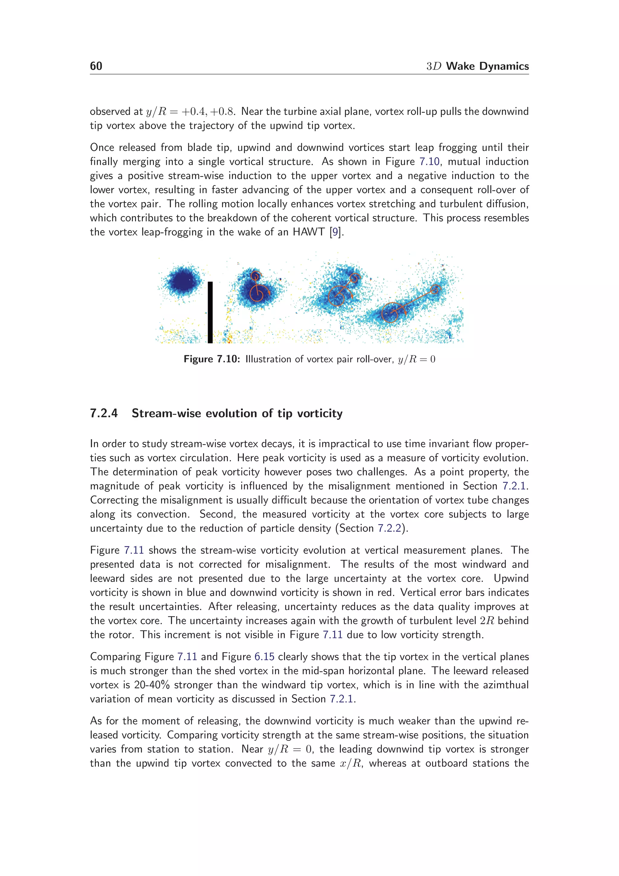 60 3D Wake Dynamics
observed at y/R = +0.4, +0.8. Near the turbine axial plane, vortex roll-up pulls the downwind
tip vortex above the trajectory of the upwind tip vortex.
Once released from blade tip, upwind and downwind vortices start leap frogging until their
ﬁnally merging into a single vortical structure. As shown in Figure 7.10, mutual induction
gives a positive stream-wise induction to the upper vortex and a negative induction to the
lower vortex, resulting in faster advancing of the upper vortex and a consequent roll-over of
the vortex pair. The rolling motion locally enhances vortex stretching and turbulent diﬀusion,
which contributes to the breakdown of the coherent vortical structure. This process resembles
the vortex leap-frogging in the wake of an HAWT [9].
Figure 7.10: Illustration of vortex pair roll-over, y/R = 0
7.2.4 Stream-wise evolution of tip vorticity
In order to study stream-wise vortex decays, it is impractical to use time invariant ﬂow proper-
ties such as vortex circulation. Here peak vorticity is used as a measure of vorticity evolution.
The determination of peak vorticity however poses two challenges. As a point property, the
magnitude of peak vorticity is inﬂuenced by the misalignment mentioned in Section 7.2.1.
Correcting the misalignment is usually diﬃcult because the orientation of vortex tube changes
along its convection. Second, the measured vorticity at the vortex core subjects to large
uncertainty due to the reduction of particle density (Section 7.2.2).
Figure 7.11 shows the stream-wise vorticity evolution at vertical measurement planes. The
presented data is not corrected for misalignment. The results of the most windward and
leeward sides are not presented due to the large uncertainty at the vortex core. Upwind
vorticity is shown in blue and downwind vorticity is shown in red. Vertical error bars indicates
the result uncertainties. After releasing, uncertainty reduces as the data quality improves at
the vortex core. The uncertainty increases again with the growth of turbulent level 2R behind
the rotor. This increment is not visible in Figure 7.11 due to low vorticity strength.
Comparing Figure 7.11 and Figure 6.15 clearly shows that the tip vortex in the vertical planes
is much stronger than the shed vortex in the mid-span horizontal plane. The leeward released
vortex is 20-40% stronger than the windward tip vortex, which is in line with the azimthual
variation of mean vorticity as discussed in Section 7.2.1.
As for the moment of releasing, the downwind vorticity is much weaker than the upwind re-
leased vorticity. Comparing vorticity strength at the same stream-wise positions, the situation
varies from station to station. Near y/R = 0, the leading downwind tip vortex is stronger
than the upwind tip vortex convected to the same x/R, whereas at outboard stations the
 