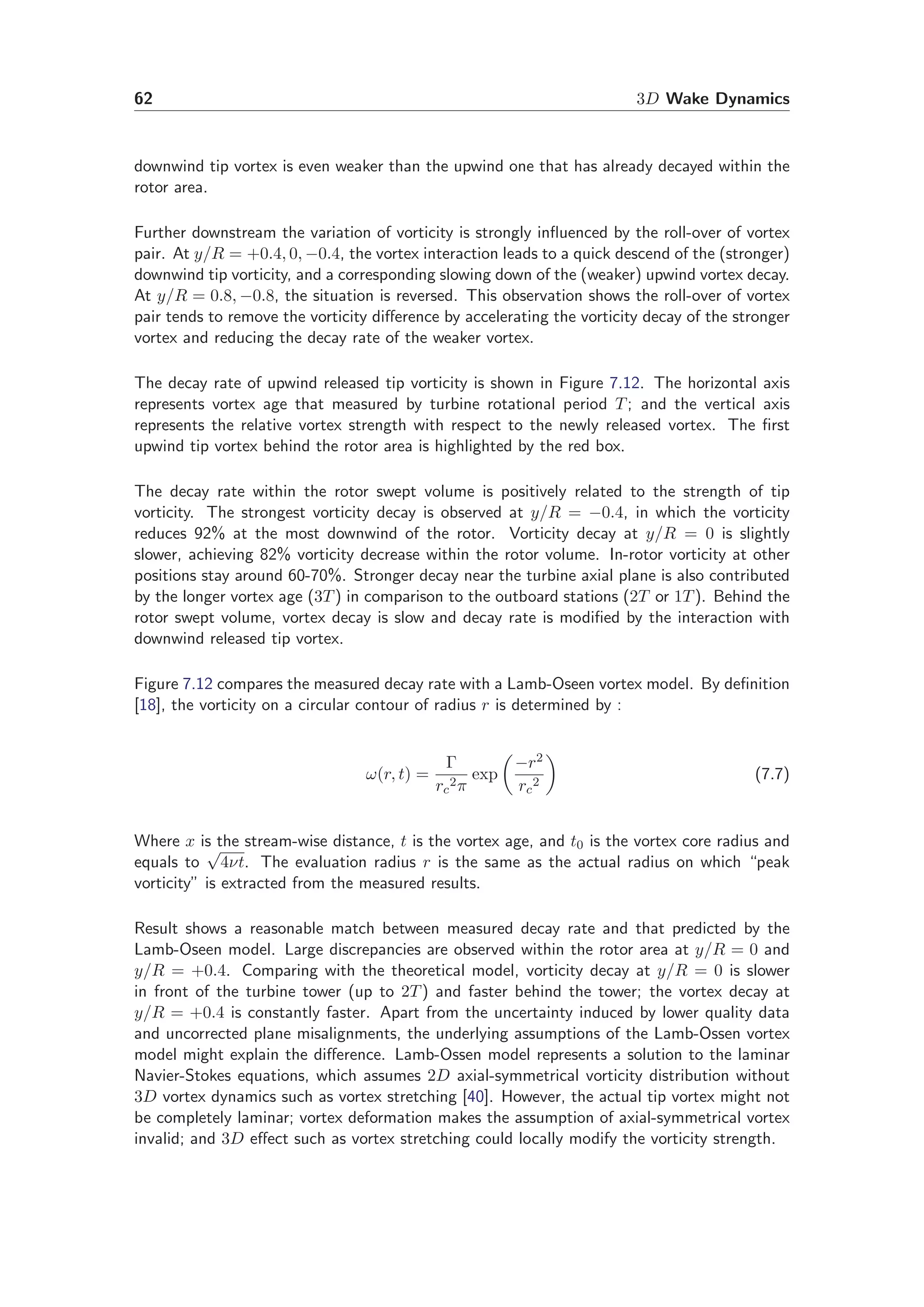 62 3D Wake Dynamics
downwind tip vortex is even weaker than the upwind one that has already decayed within the
rotor area.
Further downstream the variation of vorticity is strongly inﬂuenced by the roll-over of vortex
pair. At y/R = +0.4, 0, −0.4, the vortex interaction leads to a quick descend of the (stronger)
downwind tip vorticity, and a corresponding slowing down of the (weaker) upwind vortex decay.
At y/R = 0.8, −0.8, the situation is reversed. This observation shows the roll-over of vortex
pair tends to remove the vorticity diﬀerence by accelerating the vorticity decay of the stronger
vortex and reducing the decay rate of the weaker vortex.
The decay rate of upwind released tip vorticity is shown in Figure 7.12. The horizontal axis
represents vortex age that measured by turbine rotational period T; and the vertical axis
represents the relative vortex strength with respect to the newly released vortex. The ﬁrst
upwind tip vortex behind the rotor area is highlighted by the red box.
The decay rate within the rotor swept volume is positively related to the strength of tip
vorticity. The strongest vorticity decay is observed at y/R = −0.4, in which the vorticity
reduces 92% at the most downwind of the rotor. Vorticity decay at y/R = 0 is slightly
slower, achieving 82% vorticity decrease within the rotor volume. In-rotor vorticity at other
positions stay around 60-70%. Stronger decay near the turbine axial plane is also contributed
by the longer vortex age (3T) in comparison to the outboard stations (2T or 1T). Behind the
rotor swept volume, vortex decay is slow and decay rate is modiﬁed by the interaction with
downwind released tip vortex.
Figure 7.12 compares the measured decay rate with a Lamb-Oseen vortex model. By deﬁnition
[18], the vorticity on a circular contour of radius r is determined by :
ω(r, t) =
Γ
rc
2π
exp
−r2
rc
2
(7.7)
Where x is the stream-wise distance, t is the vortex age, and t0 is the vortex core radius and
equals to
√
4νt. The evaluation radius r is the same as the actual radius on which “peak
vorticity” is extracted from the measured results.
Result shows a reasonable match between measured decay rate and that predicted by the
Lamb-Oseen model. Large discrepancies are observed within the rotor area at y/R = 0 and
y/R = +0.4. Comparing with the theoretical model, vorticity decay at y/R = 0 is slower
in front of the turbine tower (up to 2T) and faster behind the tower; the vortex decay at
y/R = +0.4 is constantly faster. Apart from the uncertainty induced by lower quality data
and uncorrected plane misalignments, the underlying assumptions of the Lamb-Ossen vortex
model might explain the diﬀerence. Lamb-Ossen model represents a solution to the laminar
Navier-Stokes equations, which assumes 2D axial-symmetrical vorticity distribution without
3D vortex dynamics such as vortex stretching [40]. However, the actual tip vortex might not
be completely laminar; vortex deformation makes the assumption of axial-symmetrical vortex
invalid; and 3D eﬀect such as vortex stretching could locally modify the vorticity strength.
 