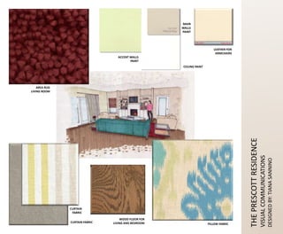THEPRESCOTTRESIDENCE
VISUALCOMMUNICATIONS
DESIGNEDBY:TIANASANNINO
AREA RUG
LIVING ROOM
ACCENT WALLS
PAINT
CEILING PAINT
MAIN
WALLS
PAINT
LEATHER FOR
ARMCHAIRS
CURTAIN FABRIC
CURTAIN
FABRIC
PILLOW FABRIC
WOOD FLOOR FOR
LIVING AND BEDROOM
 