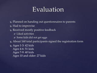  Planned on handing out questionnaires to parents
 Had to improvise
 Received mostly positive feedback
 Liked activities
 Some kids did not get eggs
 About 160 total participants signed the registration form
 Ages 1-3: 42 kids
Ages 4-6: 51 kids
Ages 7-9: 40 kids
Ages 10 and older: 27 kids
Evaluation
 