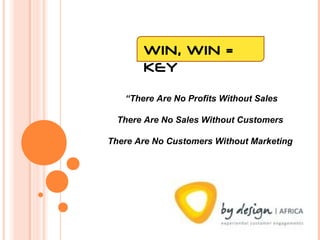 “There Are No Profits Without Sales
There Are No Sales Without Customers
There Are No Customers Without Marketing
WIN, WIN =
KEY
 