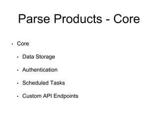 Parse Products - Core
• Core
• Data Storage
• Authentication
• Scheduled Tasks
• Custom API Endpoints
 