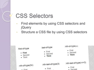 CSS Selectors
• Find elements by using CSS selectors and
jQuery
• Structure a CSS file by using CSS selectors
 