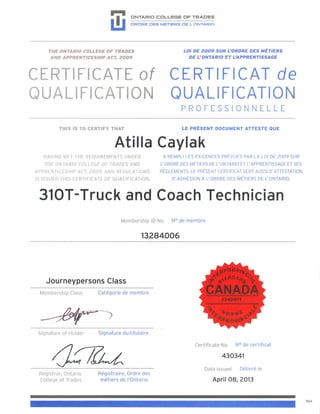 OCOT-310 T Certificate -Truck&Coach