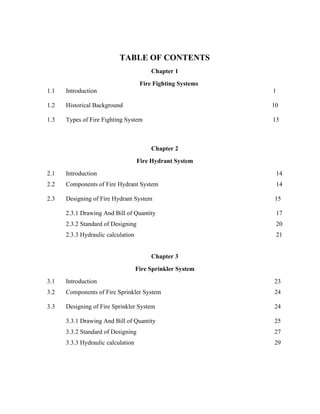 TABLE OF CONTENTS
Chapter 1
Fire Fighting Systems
1.1 Introduction 1
1.2 Historical Background 10
1.3 Types of Fire Fighting System 13
Chapter 2
Fire Hydrant System
2.1 Introduction 14
2.2 Components of Fire Hydrant System 14
2.3 Designing of Fire Hydrant System 15
2.3.1 Drawing And Bill of Quantity 17
2.3.2 Standard of Designing 20
2.3.3 Hydraulic calculation 21
Chapter 3
Fire Sprinkler System
3.1 Introduction 23
3.2 Components of Fire Sprinkler System 24
3.3 Designing of Fire Sprinkler System 24
3.3.1 Drawing And Bill of Quantity 25
3.3.2 Standard of Designing 27
3.3.3 Hydraulic calculation 29
 