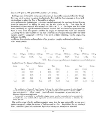 CHAPTER 5. DELUGE SYSTEM
____________________________________________________________________________________________
____________________________________________________________________________________________________________
52
rate of 2500 gpm to 3000 gpm (9463 L/min to 11,355 L/min).
For large areas protected by many adjacent systems, it may not be necessary to base the design
flow rate on all systems operating simultaneously. Provided that floor drainage is sloped and
sectionalized to reduce the flow of flammables to adjacent
areas, and assuming that detection systems are carefully designed, the maximum design flow rate
could be determined by adding the flow rate for any system to the flow rates for all
immediately adjacent systems. (See example in Table A-4-1.5.2.) The largest sum determined
from considering all logical combinations should be used. This maximum anticipated flow rate
basis is valid when the systems selected are judged to represent the worst case situation.
Assuming that the above conditions are met, some fires involving several adjacent water spray
systems could be adequately controlled with fewer systems operating. Careful engineering
judgment should be
used in the determination and calculation of the actuation, capacity, and duration of adjacent
water spray systems.
System System System System
1 2 3 4
Flow 1800 gpm 6813 L/min 2100 gpm 7949 L/min 1950 gpm 7381 L/min 2300 gpm 8706 L/min 2400 gp
Pressure 80 psi 3.8 kPa 95 psi 4.6 kPa 105 psi 5.0 kPa 100 psi 4.8 kPa 90 ps
NOTE: Flow and pressure required at the point of supply (other common hydraulic point).
Combined System Flow Balanced to Highest Pressure
System Flow System Flow System Flow System
(gpm) (L/min) (gpm) (L/min) (gpm) (L/min)
1 2062 7805 2 2208 8357 3 1950 7381 4
2 2208 8357 3 1950 7381 4 2357 8921 5
3 1950 7381 4 2357 8921 5 2592 9811 6
Total 6220 23,542 Total 6515 24,659 Total 6899 26,113 Total
The combination of Systems 3, 4, and 5 creates the largest flow at the highest pressure at the point of supply
(or other common hydraulic point). Therefore, the design flow rate for this installation is selected as 6899
gpm at 105 psi (26,113 L/min at 5.0 kPa). Total water demand would be 6899 (26,113 L/min), plus an
allowance for hose stream application.
Systems shall be permitted to be combined in a logical manner such that systems that can be expected to be
involved in the same incident and are expected to operate simultaneously are combined to determine the
design flow rate.
The rapid removal of spills and fire protection water from the area protected by a water spray
system can greatly reduce the amount of fuel involved in a fire. In addition, if water discharge
is not controlled, hydrocarbons or other liquid fuels may spread into adjacent areas and
 