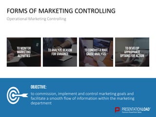 tomonitor
marketing
activities
todevelop
appropriate
options for action
to conduct a root
cause analysis
toanalyze reason
for variance
FORMS OF MARKETING CONTROLLING
Operational Marketing Controlling
Objective:
to commission, implement and control marketing goals and
facilitate a smooth flow of information within the marketing
department
 
