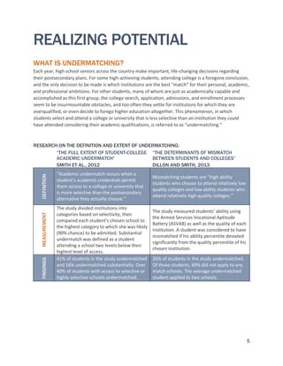 5
REALIZING POTENTIAL
WHAT IS UNDERMATCHING?
Each year, high school seniors across the country make important, life-changing decisions regarding
their postsecondary plans. For some high-achieving students, attending college is a foregone conclusion,
and the only decision to be made is which institutions are the best “match” for their personal, academic,
and professional ambitions. For other students, many of whom are just as academically capable and
accomplished as this first group, the college search, application, admissions, and enrollment processes
seem to be insurmountable obstacles, and too often they settle for institutions for which they are
overqualified, or even decide to forego higher education altogether. This phenomenon, in which
students select and attend a college or university that is less selective than an institution they could
have attended considering their academic qualifications, is referred to as “undermatching.”
RESEARCH ON THE DEFINITION AND EXTENT OF UNDERMATCHING:
“THE FULL EXTENT OF STUDENT-COLLEGE
ACADEMIC UNDERMATCH”
SMITH ET AL., 2012
“THE DETERMINANTS OF MISMATCH
BETWEEN STUDENTS AND COLLEGES”
DILLON AND SMITH, 2013
DEFINITION
“Academic undermatch occurs when a
student’s academic credentials permit
them access to a college or university that
is more selective than the postsecondary
alternative they actually choose.”
Mismatching students are “high ability
students who choose to attend relatively low
quality colleges and low ability students who
attend relatively high quality colleges.”
MEASUREMENT
The study divided institutions into
categories based on selectivity, then
compared each student’s chosen school to
the highest category to which she was likely
(90% chance) to be admitted. Substantial
undermatch was defined as a student
attending a school two levels below their
highest level of access.
The study measured students’ ability using
the Armed Services Vocational Aptitude
Battery (ASVAB) as well as the quality of each
institution. A student was considered to have
mismatched if his ability percentile deviated
significantly from the quality percentile of his
chosen institution.
FINDINGS
41% of students in the study undermatched
and 16% undermatched substantially. Over
40% of students with access to selective or
highly selective schools undermatched.
26% of students in the study undermatched.
Of those students, 69% did not apply to any
match schools. The average undermatched
student applied to two schools.
 