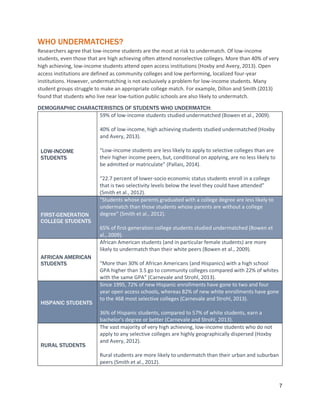7
WHO UNDERMATCHES?
Researchers agree that low-income students are the most at risk to undermatch. Of low-income
students, even those that are high achieving often attend nonselective colleges. More than 40% of very
high achieving, low-income students attend open access institutions (Hoxby and Avery, 2013). Open
access institutions are defined as community colleges and low performing, localized four-year
institutions. However, undermatching is not exclusively a problem for low-income students. Many
student groups struggle to make an appropriate college match. For example, Dillon and Smith (2013)
found that students who live near low-tuition public schools are also likely to undermatch.
DEMOGRAPHIC CHARACTERISTICS OF STUDENTS WHO UNDERMATCH:
LOW-INCOME
STUDENTS
59% of low-income students studied undermatched (Bowen et al., 2009).
40% of low-income, high achieving students studied undermatched (Hoxby
and Avery, 2013).
“Low-income students are less likely to apply to selective colleges than are
their higher income peers, but, conditional on applying, are no less likely to
be admitted or matriculate” (Pallais, 2014).
“22.7 percent of lower-socio economic status students enroll in a college
that is two selectivity levels below the level they could have attended”
(Smith et al., 2012).
FIRST-GENERATION
COLLEGE STUDENTS
“Students whose parents graduated with a college degree are less likely to
undermatch than those students whose parents are without a college
degree” (Smith et al., 2012).
65% of first-generation college students studied undermatched (Bowen et
al., 2009).
AFRICAN AMERICAN
STUDENTS
African American students (and in particular female students) are more
likely to undermatch than their white peers (Bowen et al., 2009).
“More than 30% of African Americans (and Hispanics) with a high school
GPA higher than 3.5 go to community colleges compared with 22% of whites
with the same GPA” (Carnevale and Strohl, 2013).
HISPANIC STUDENTS
Since 1995, 72% of new Hispanic enrollments have gone to two and four
year open access schools, whereas 82% of new white enrollments have gone
to the 468 most selective colleges (Carnevale and Strohl, 2013).
36% of Hispanic students, compared to 57% of white students, earn a
bachelor’s degree or better (Carnevale and Strohl, 2013).
RURAL STUDENTS
The vast majority of very high achieving, low-income students who do not
apply to any selective colleges are highly geographically dispersed (Hoxby
and Avery, 2012).
Rural students are more likely to undermatch than their urban and suburban
peers (Smith et al., 2012).
 
