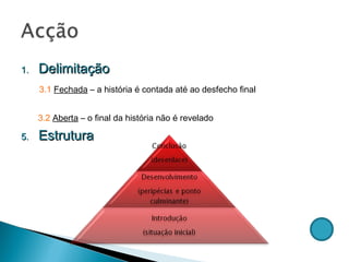 Delimitação 3.1   Fechada  – a história é contada até ao desfecho final 3.2   Aberta  – o final da história não é revelado Estrutura 