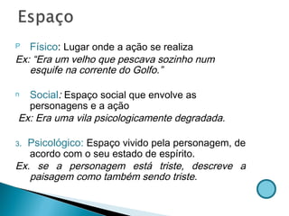 Físico :  Lugar   onde   a ação se realiza Ex: “Era um velho que pescava sozinho num esquife na corrente do Golfo.” Social :  Espaço   social que envolve as personagens e a ação Ex: Era uma vila psicologicamente degradada. 3 .   Psicológico:  Espaço vivido pela personagem, de acordo com o seu estado de espírito.  Ex. se a personagem está triste, descreve a paisagem como também sendo triste.  